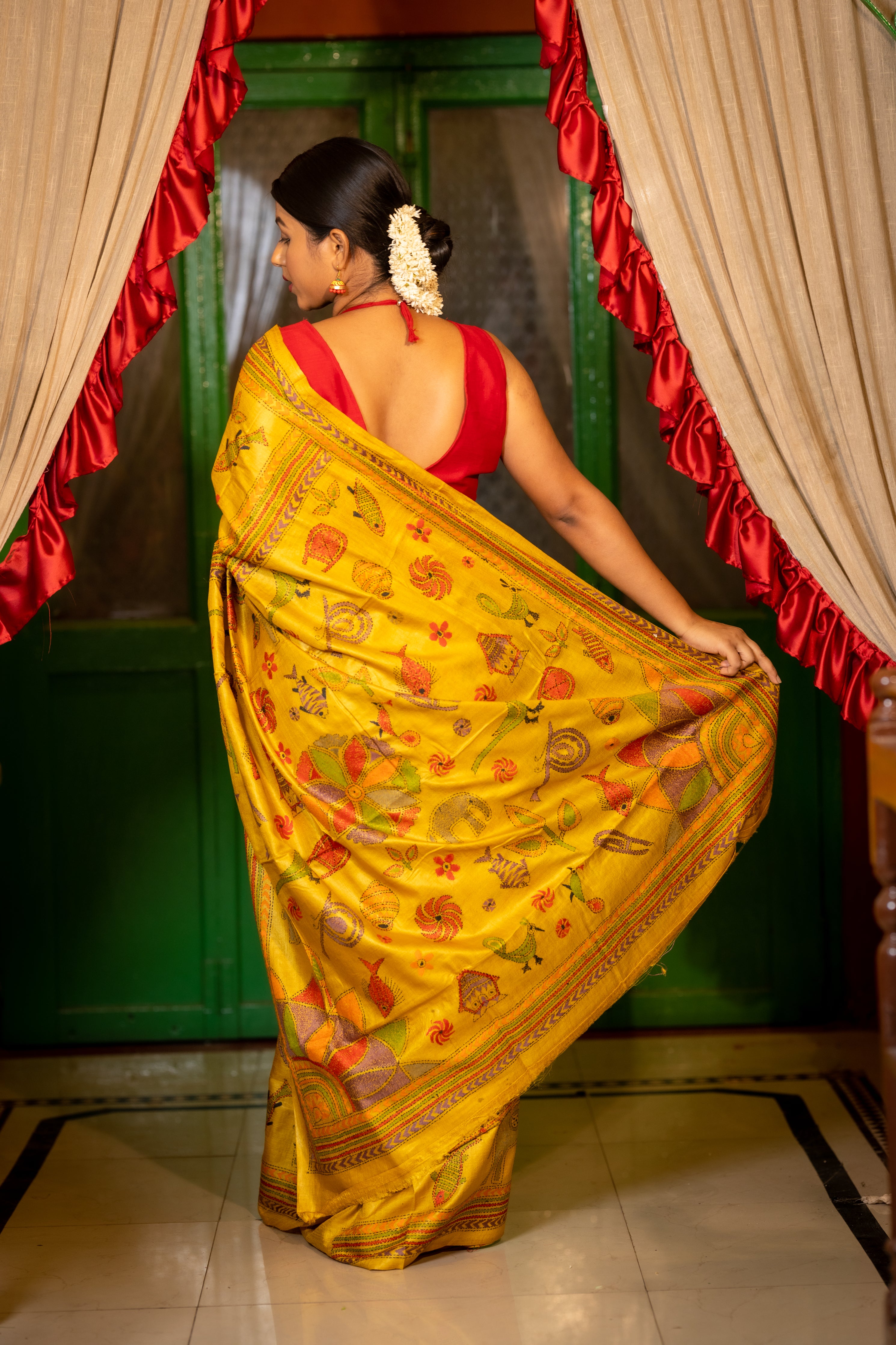 Chitrangada || Ochre Yellow Pure Gachhi Tussar Silk Handloom Kantha Stitch Embroidery Saree with all over Multi-colour Mixed 'Tribal Art' motifs