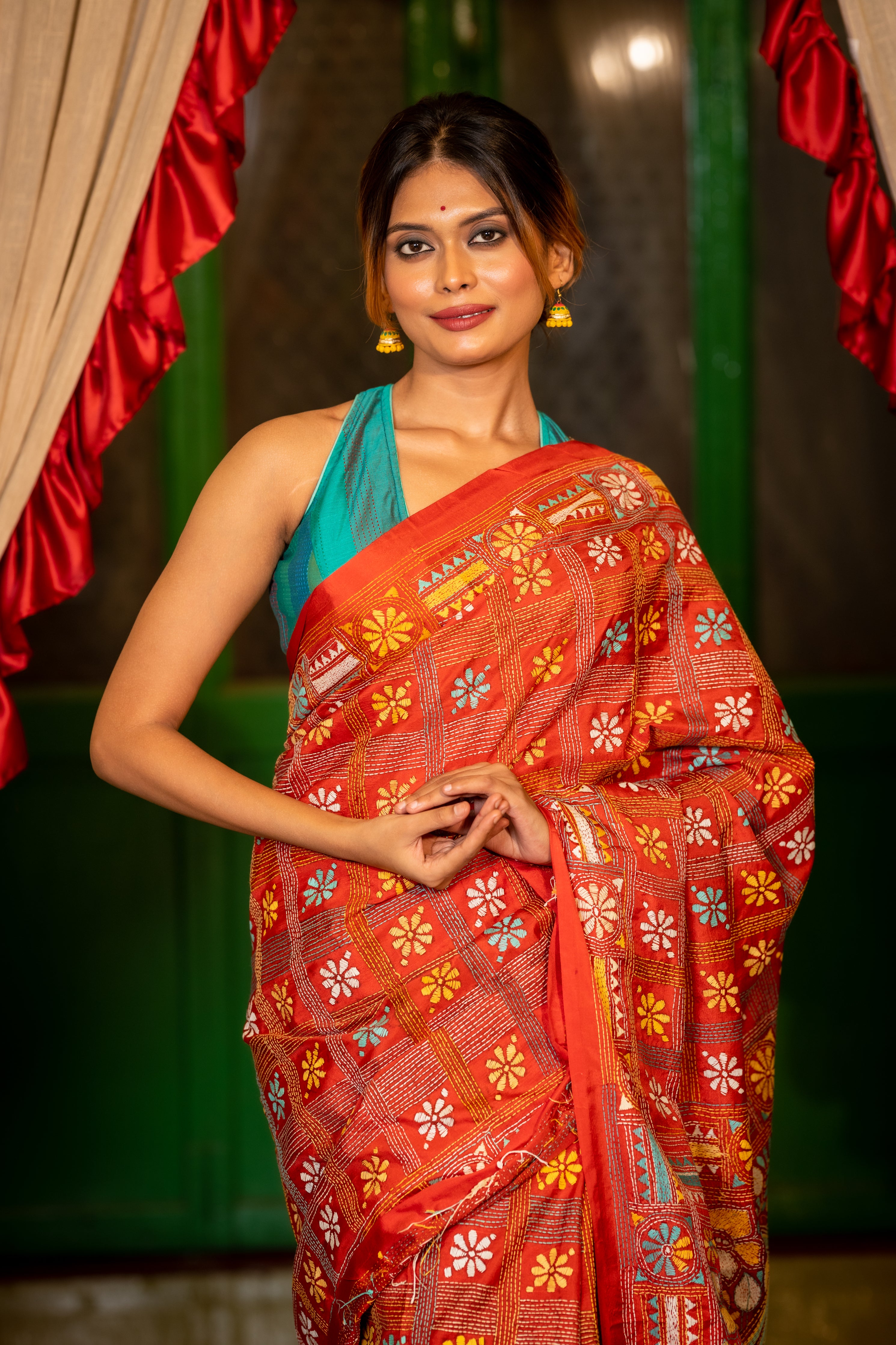 Mrinalini || Tomato Red Bangalore Silk Kantha Stitch Embroidery Saree with all over Multi-colour Floral, Stripe & Box Motif and Traditional 'Floral-Kalka' Pallu
