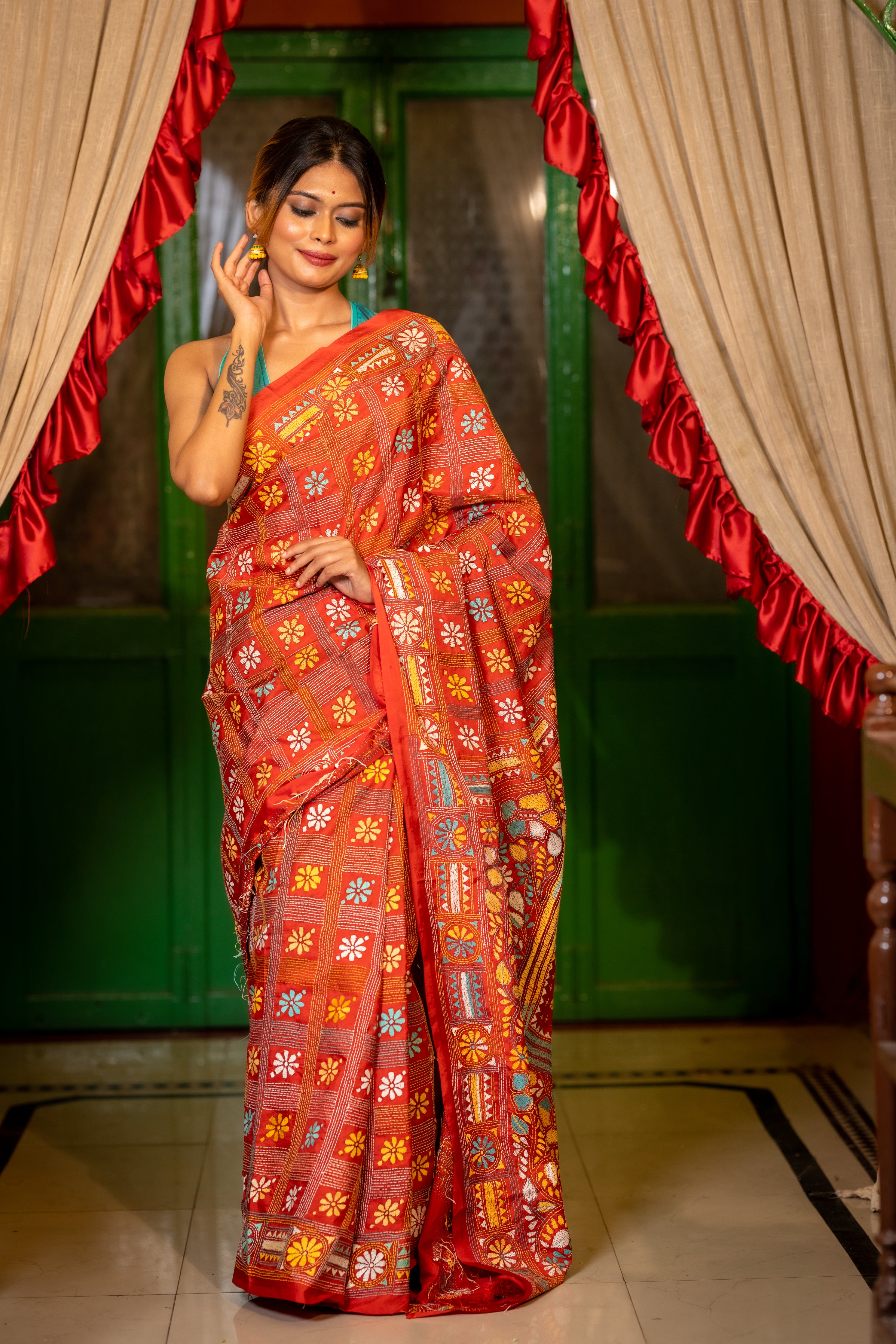 Mrinalini || Tomato Red Bangalore Silk Kantha Stitch Embroidery Saree with all over Multi-colour Floral, Stripe & Box Motif and Traditional 'Floral-Kalka' Pallu