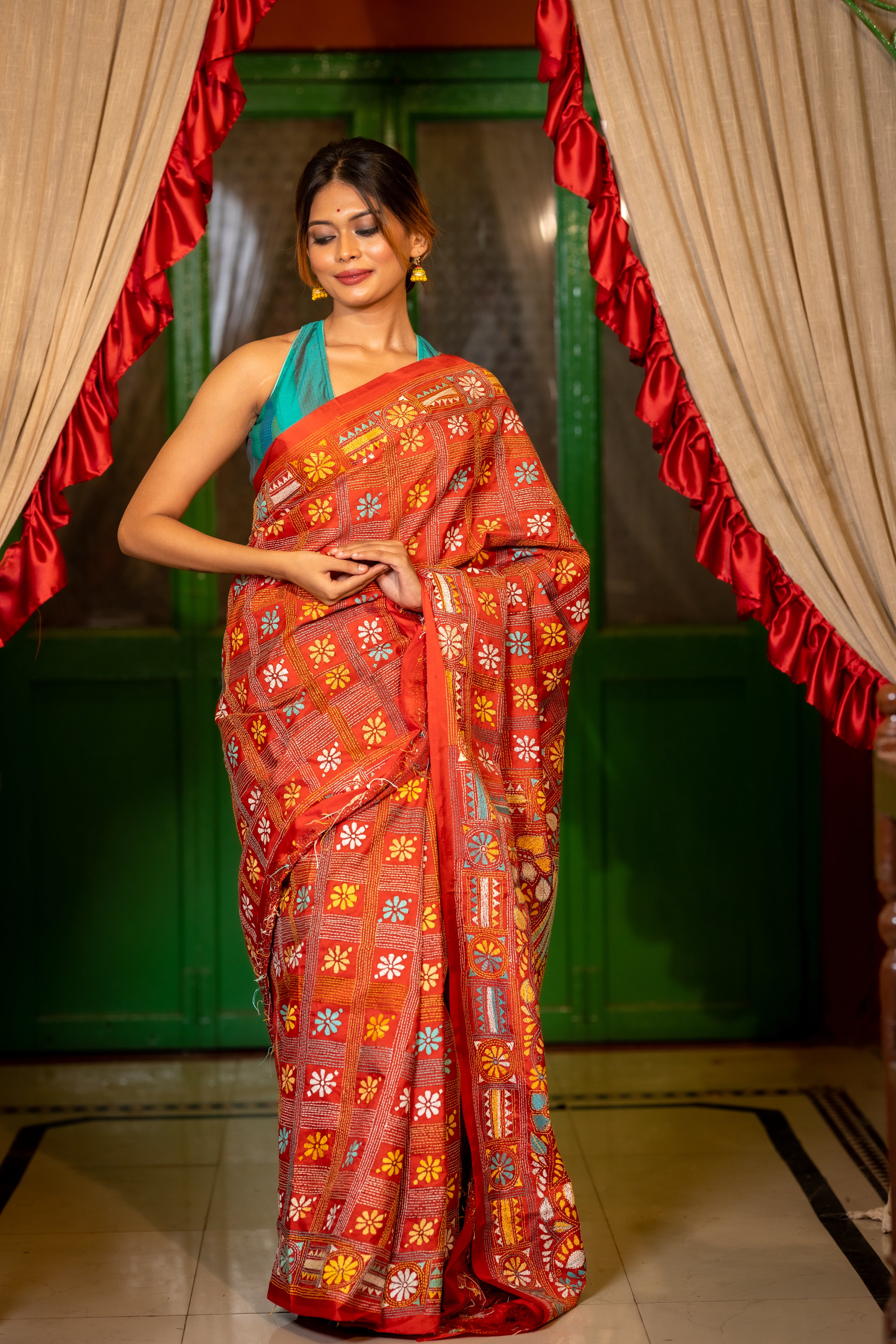 Mrinalini || Tomato Red Bangalore Silk Kantha Stitch Embroidery Saree with all over Multi-colour Floral, Stripe & Box Motif and Traditional 'Floral-Kalka' Pallu