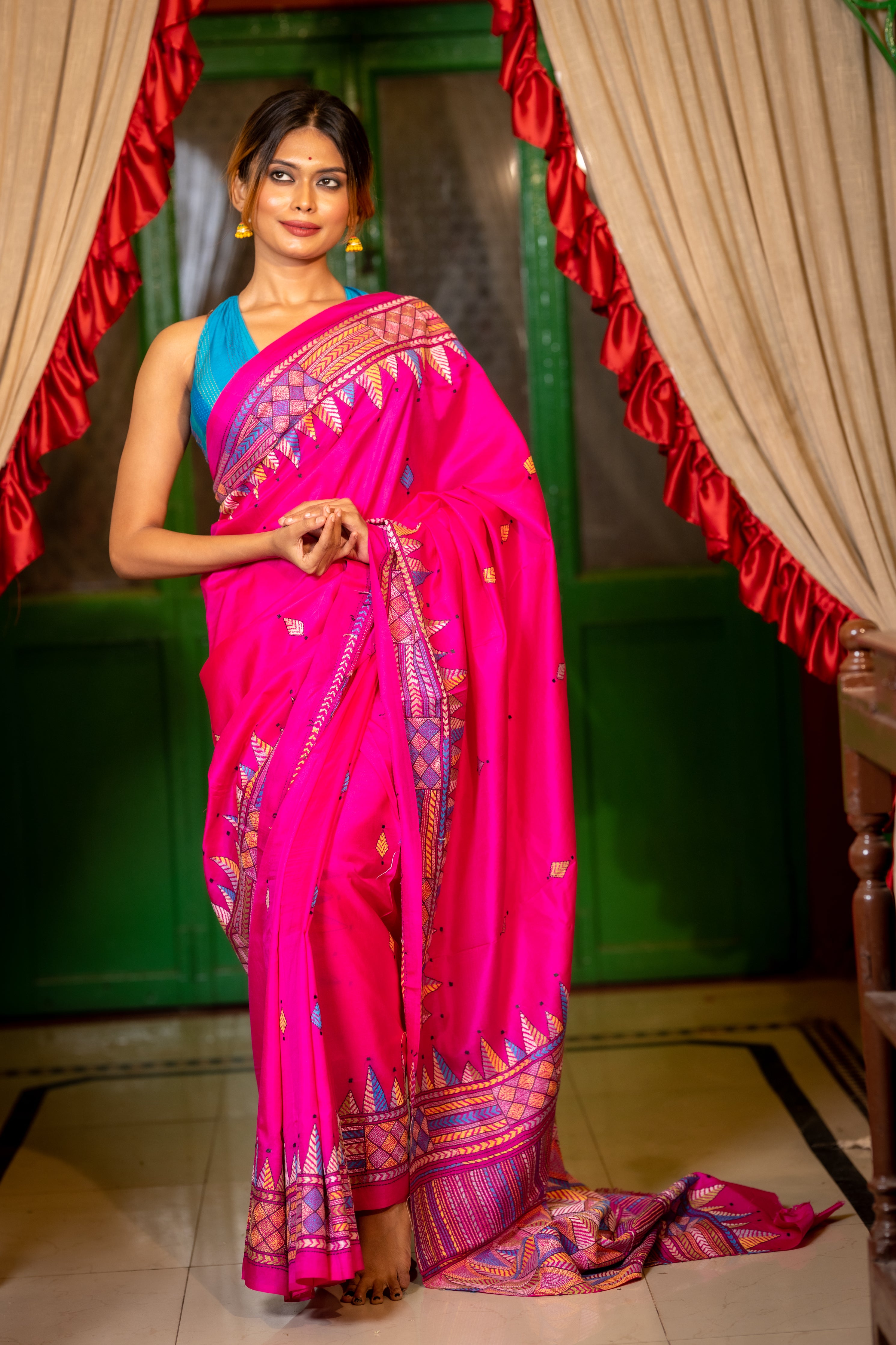 Kalyani || Magenta Pink Pure Bangalore Silk Kantha Stitch Embroidery Saree with all over Multi-colour Abstract Buta and Temple Border & Pallu