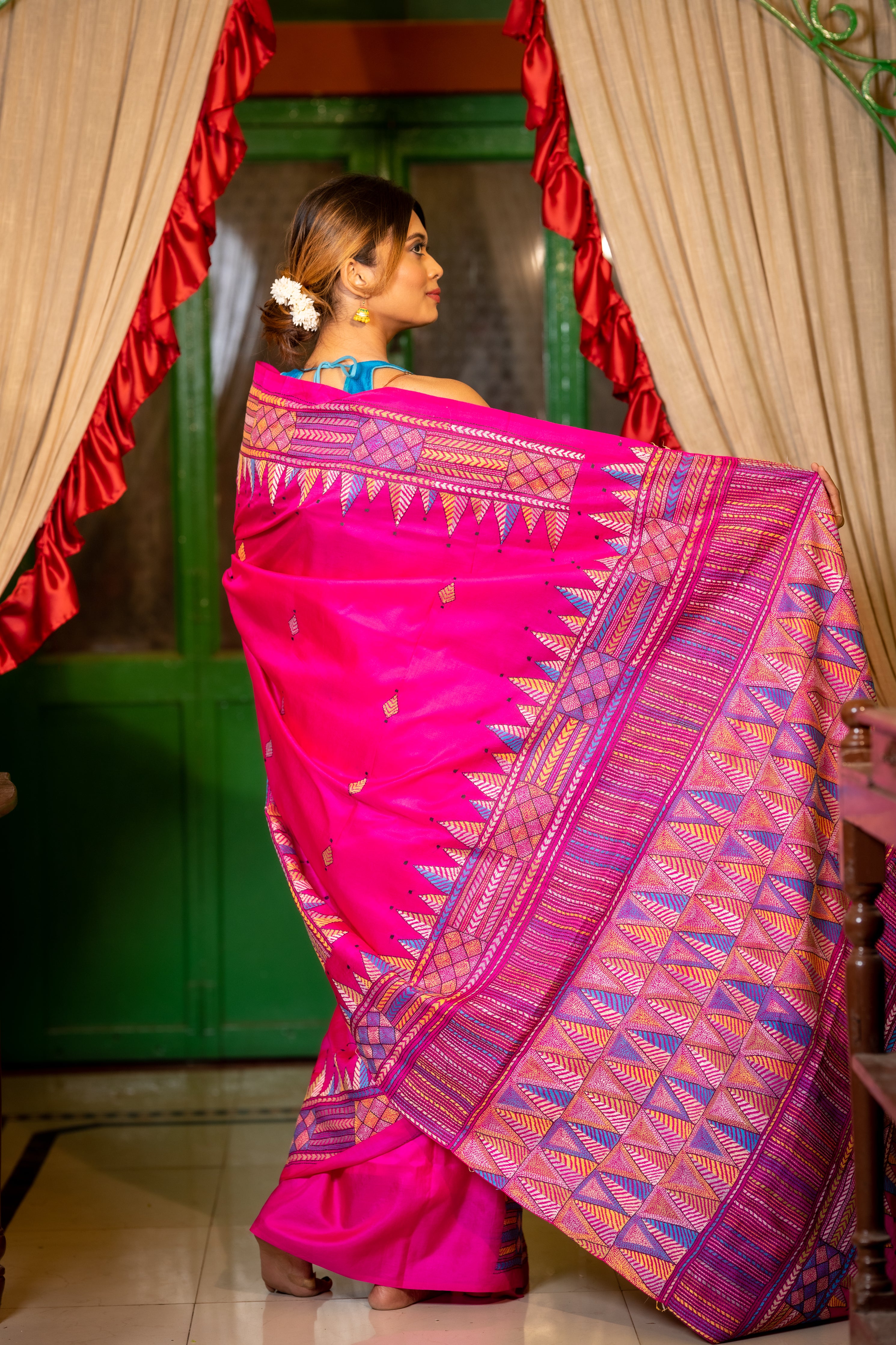 Kalyani || Magenta Pink Pure Bangalore Silk Kantha Stitch Embroidery Saree with all over Multi-colour Abstract Buta and Temple Border & Pallu