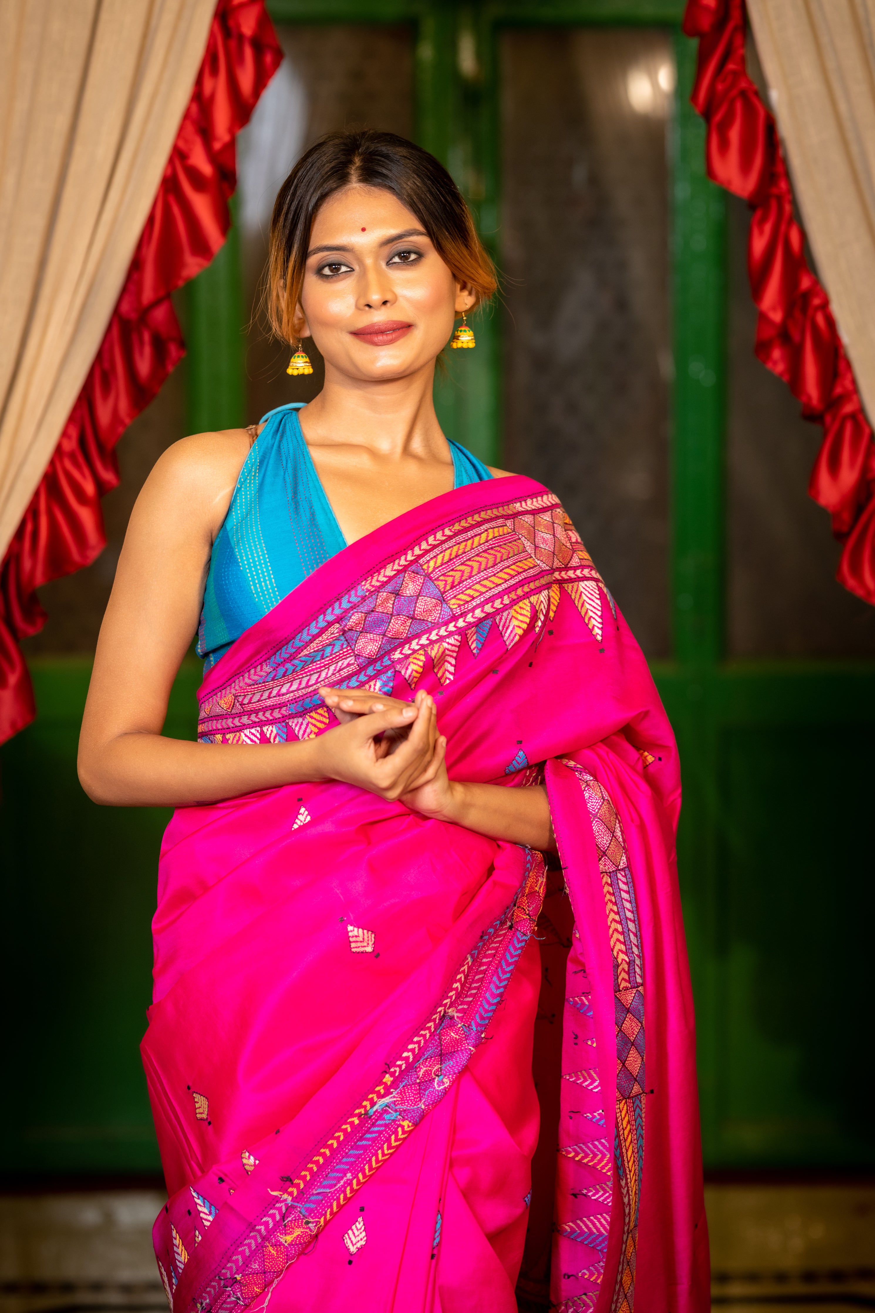 Kalyani || Magenta Pink Pure Bangalore Silk Kantha Stitch Embroidery Saree with all over Multi-colour Abstract Buta and Temple Border & Pallu