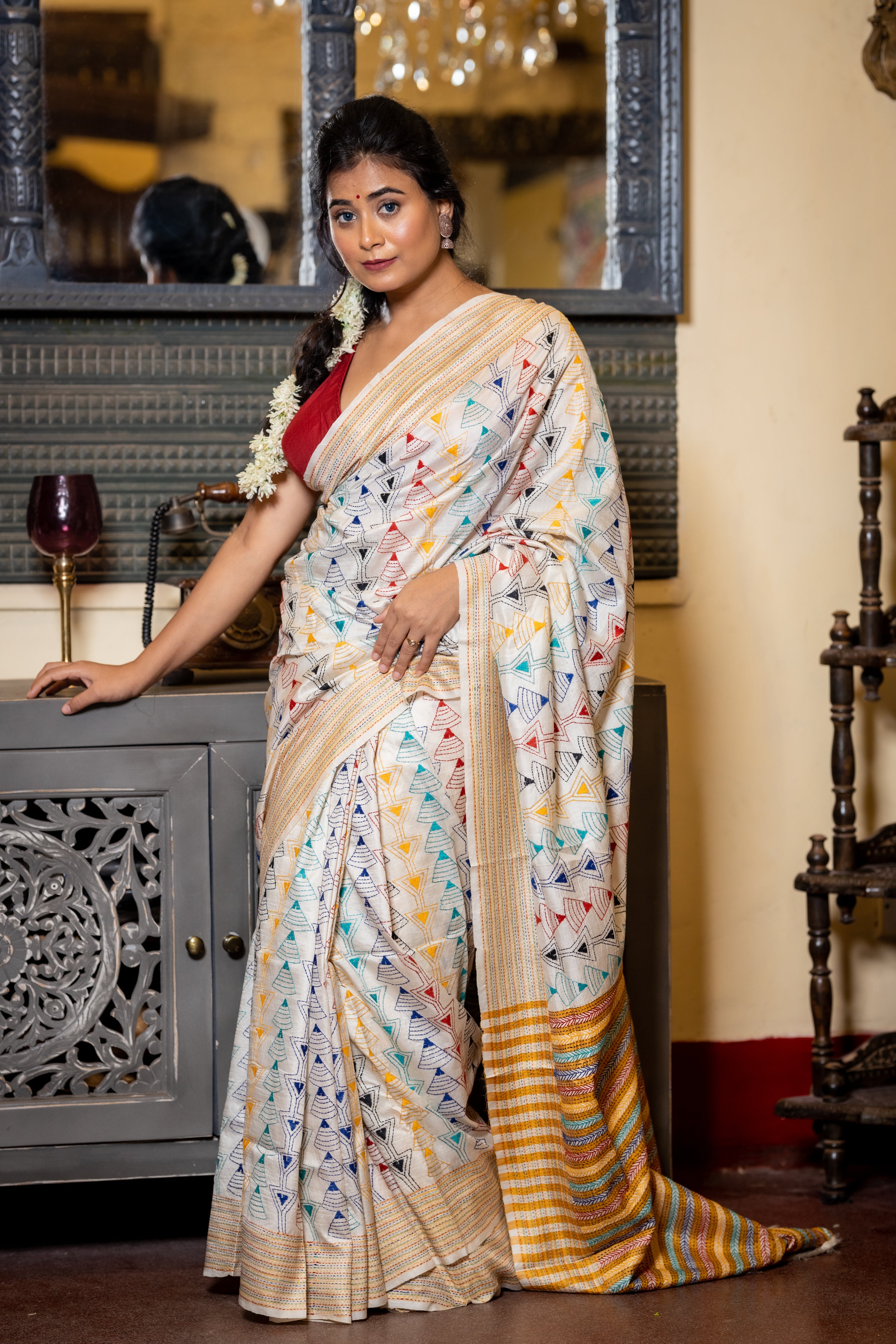 Chitra || Off-White Pure Bishnupuri Katan Handloom Kantha Stitch Embroidery Saree with all over Multi-colour 'Abstract Triangle' Stripes and 'Jalchuri' Pallu