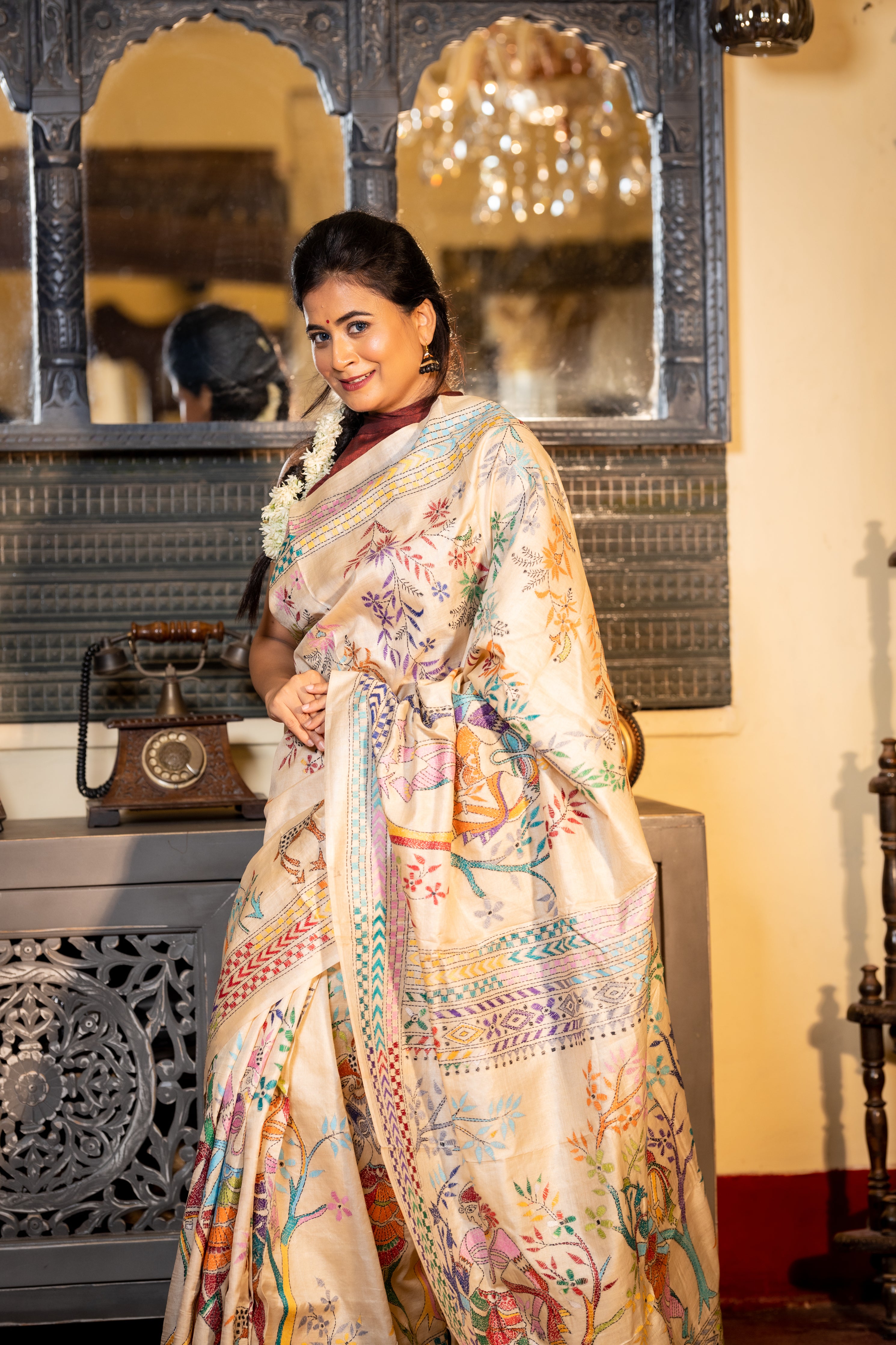 Shakuntala || Beige Pure Tussar Silk Handloom Kantha Stitch Embroidery Saree with all over Multi-colour 'Shakuntala' theme figures