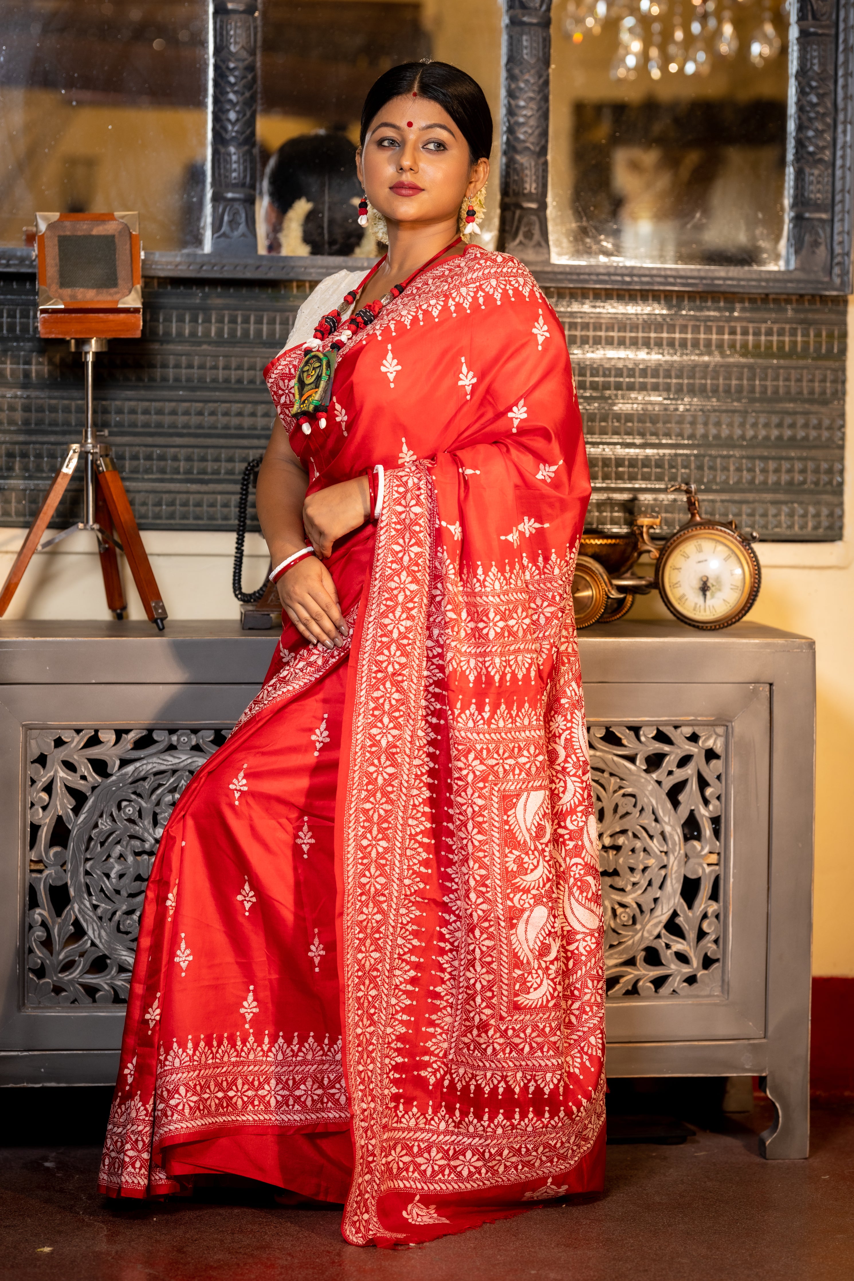 Raktokarabi || Red Pure Bangalore Silk Kantha Stitch Embroidery Saree with all over Baby Pink & Off-White Traditional Buta, Border and Pallu