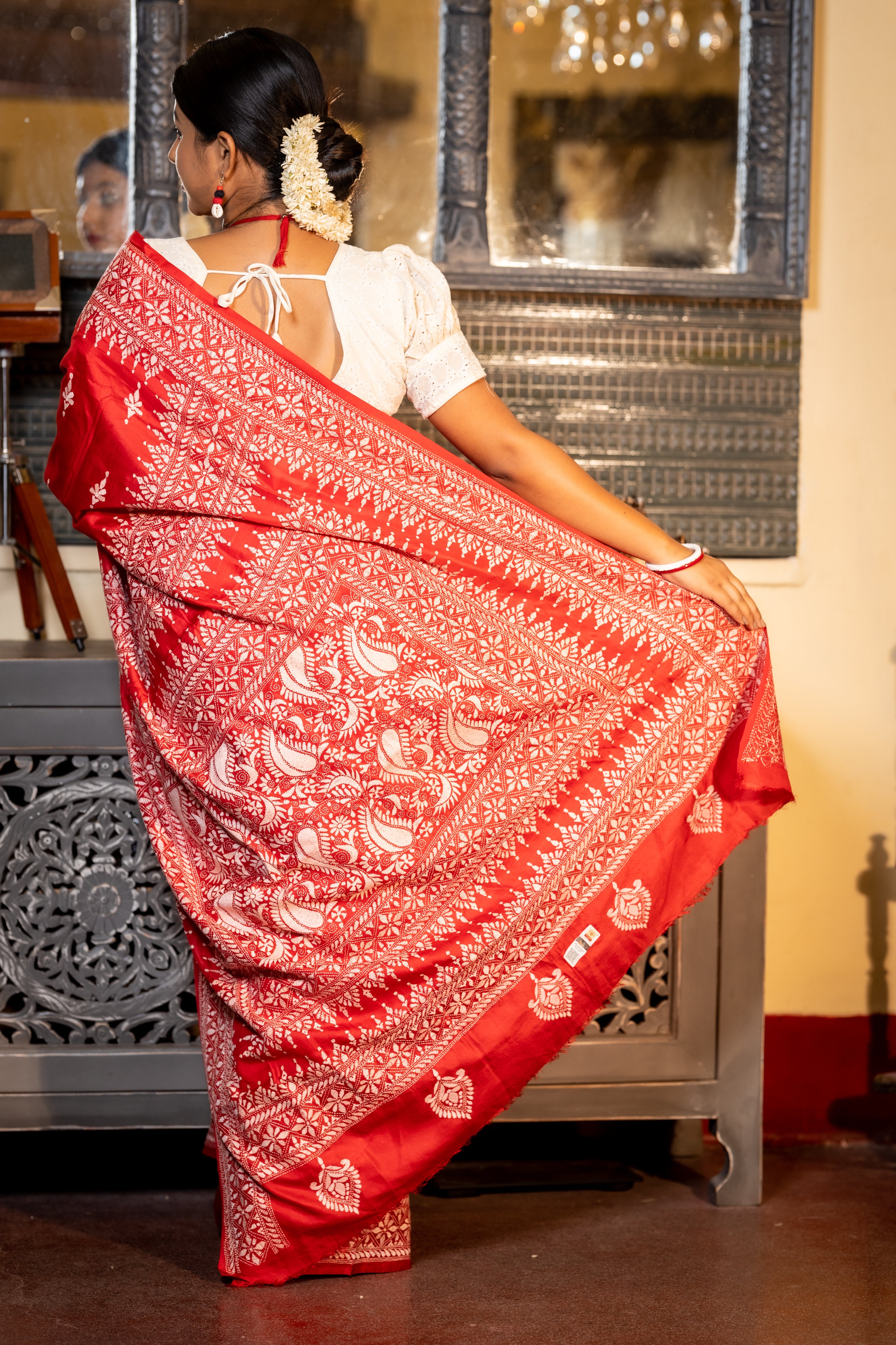 Raktokarabi || Red Pure Bangalore Silk Kantha Stitch Embroidery Saree with all over Baby Pink & Off-White Traditional Buta, Border and Pallu