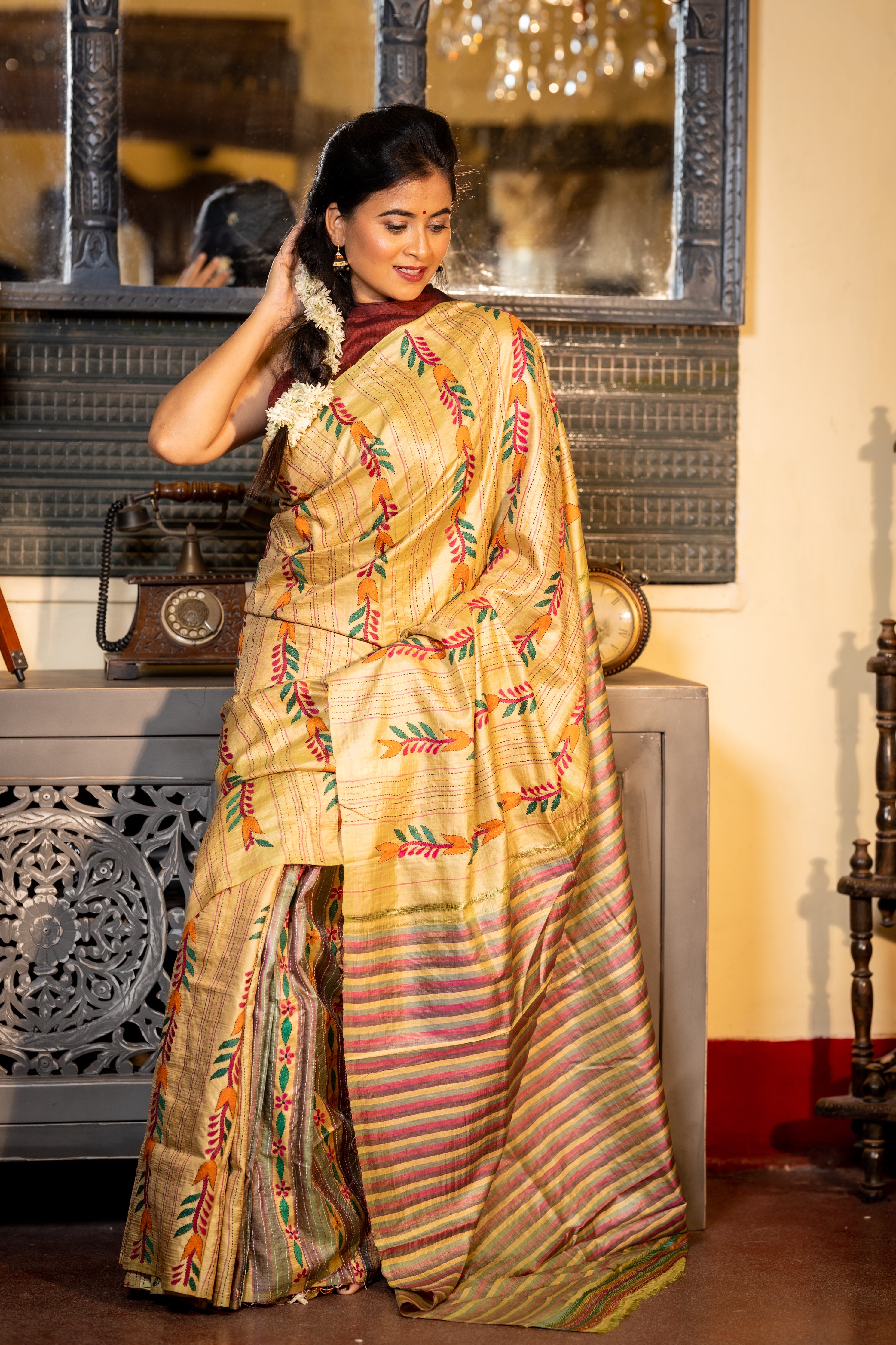 Haimanti || Golden Beige Pure Bishnupuri Katan Handloom Kantha Stitch Embroidery Saree with all over Multi-colour Floral motif Stripes and 'Jalchuri' Pallu