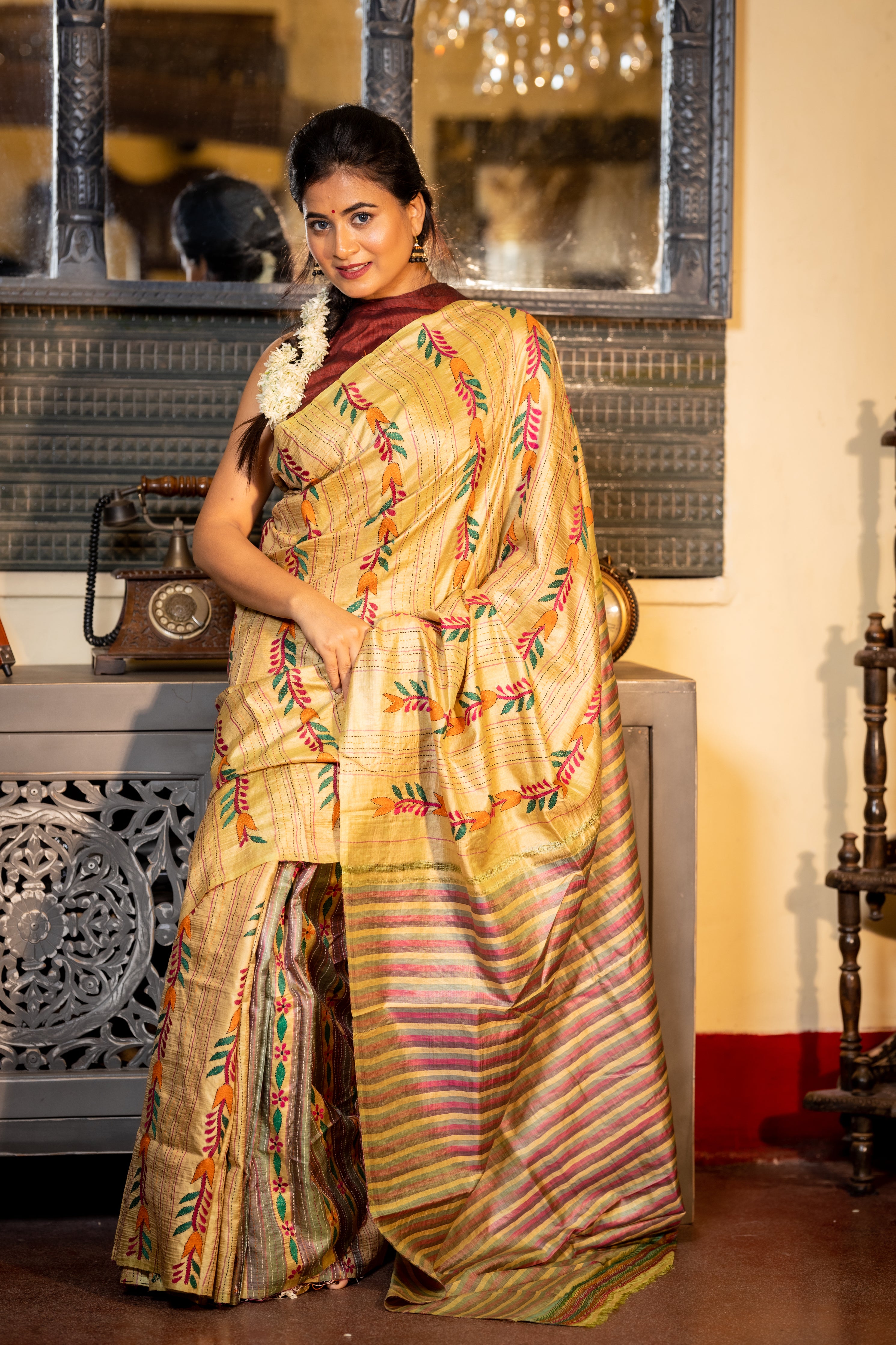 Haimanti || Golden Beige Pure Bishnupuri Katan Handloom Kantha Stitch Embroidery Saree with all over Multi-colour Floral motif Stripes and 'Jalchuri' Pallu