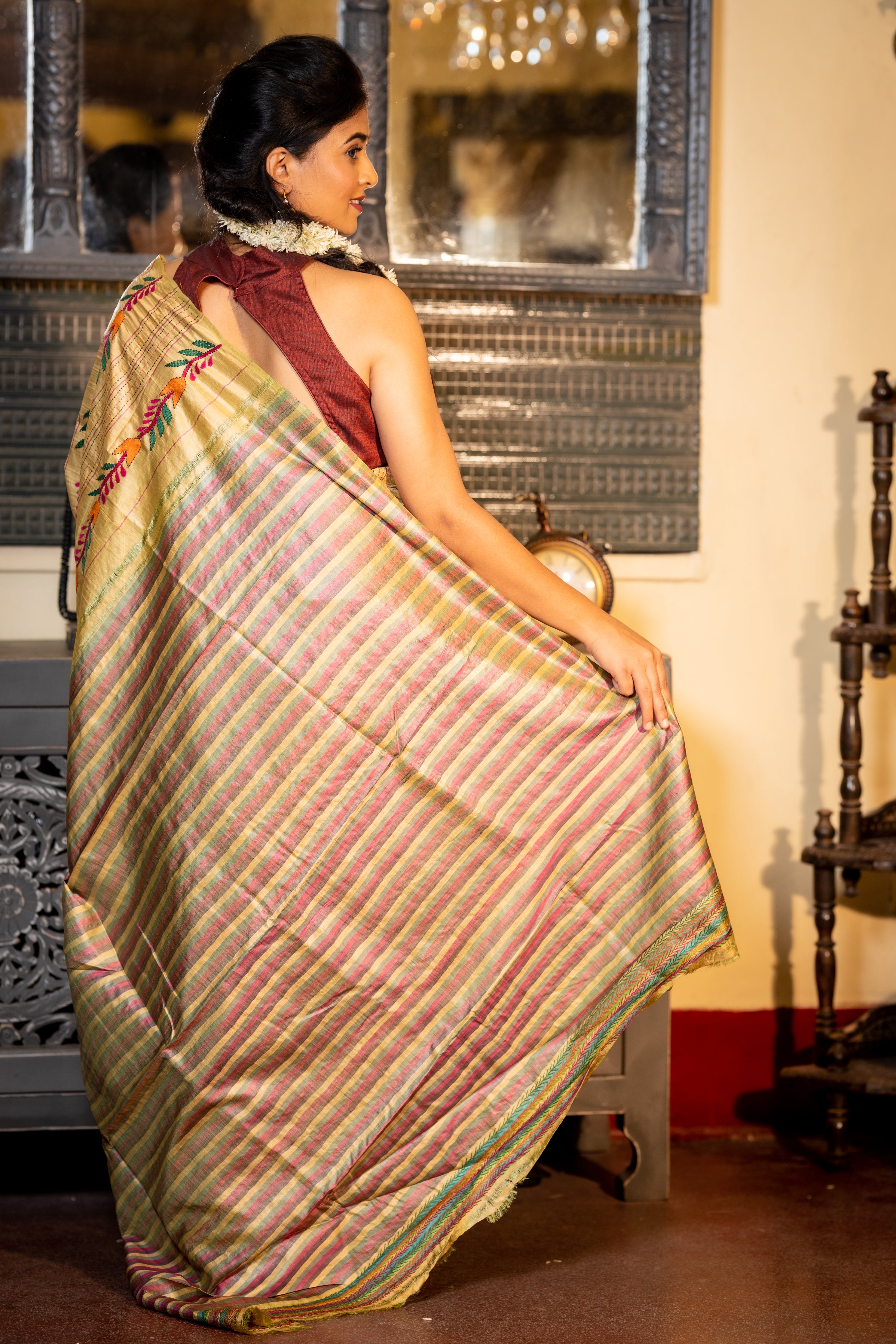 Haimanti || Golden Beige Pure Bishnupuri Katan Handloom Kantha Stitch Embroidery Saree with all over Multi-colour Floral motif Stripes and 'Jalchuri' Pallu