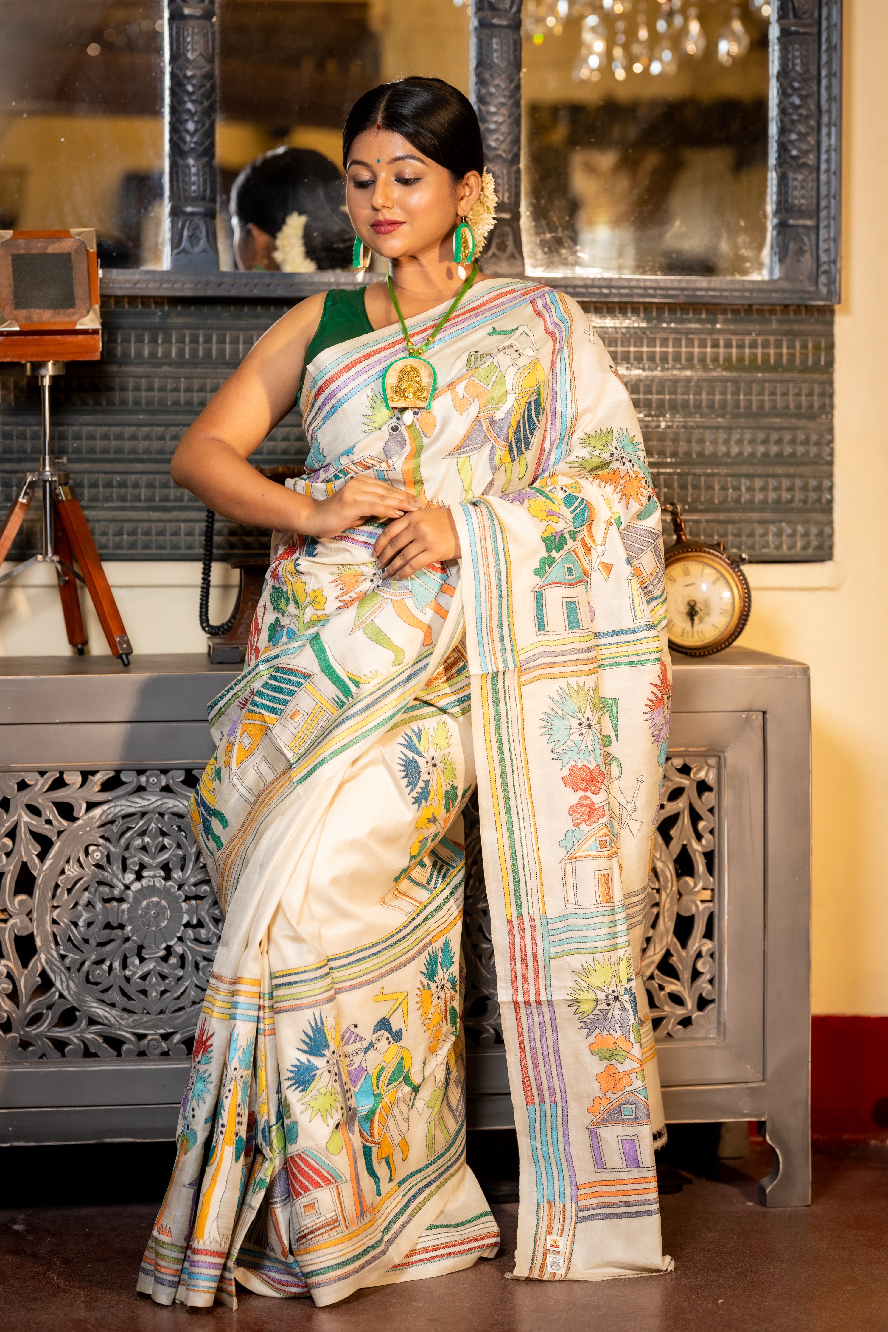 Krishani || Off-White Pure Tussar Silk Handloom Kantha Stitch Embroidery Saree with Multi-colour 'Village & Farmer' theme Border, half body & Pallu