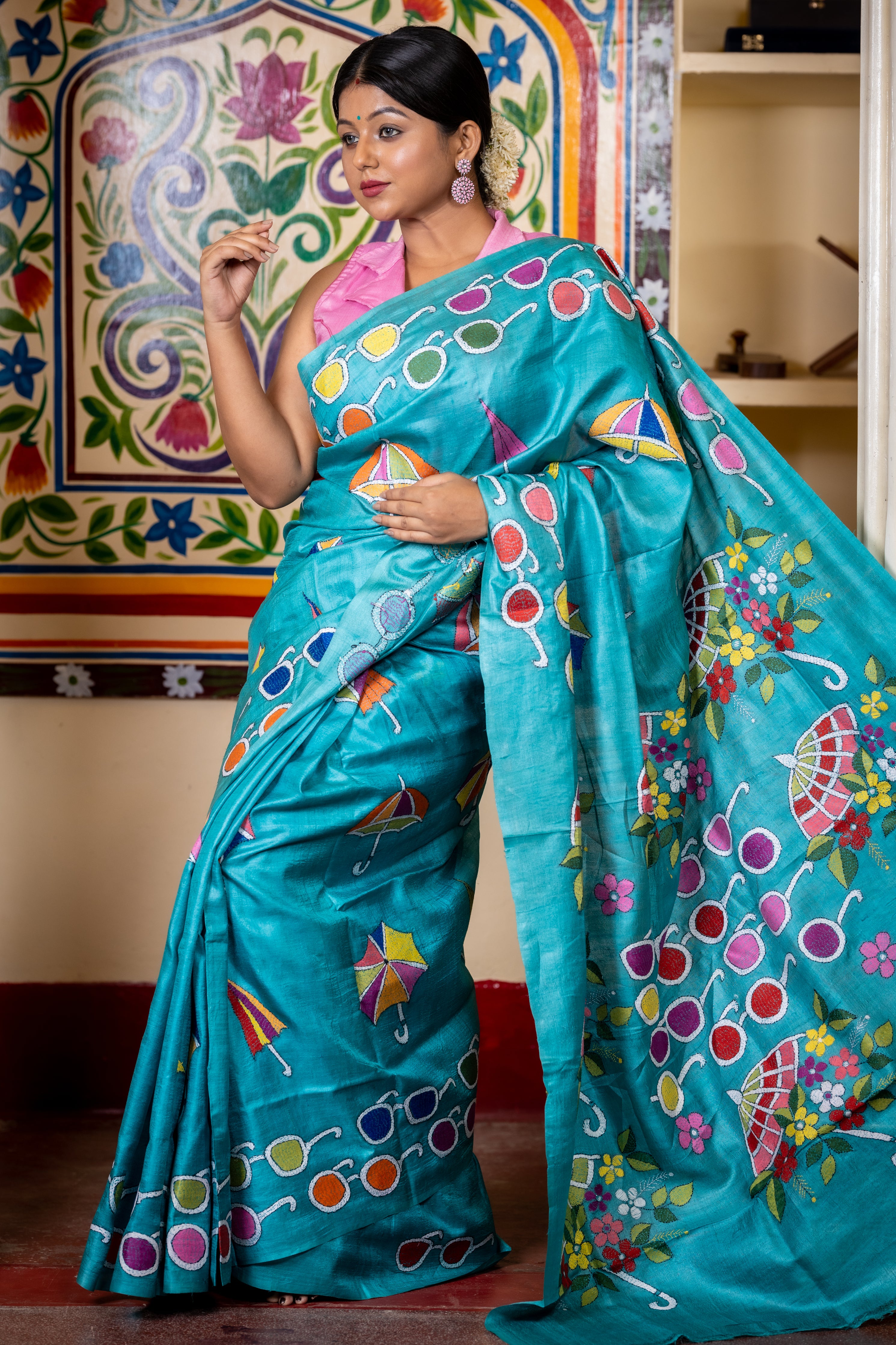 Sohini || Dark Aqua Blue Pure Gachhi Tussar Silk Handloom Kantha Stitch Embroidery Saree with all over Multi-colour 'Umbrella' and 'Sunglass' motif Buta, Border & Pallu