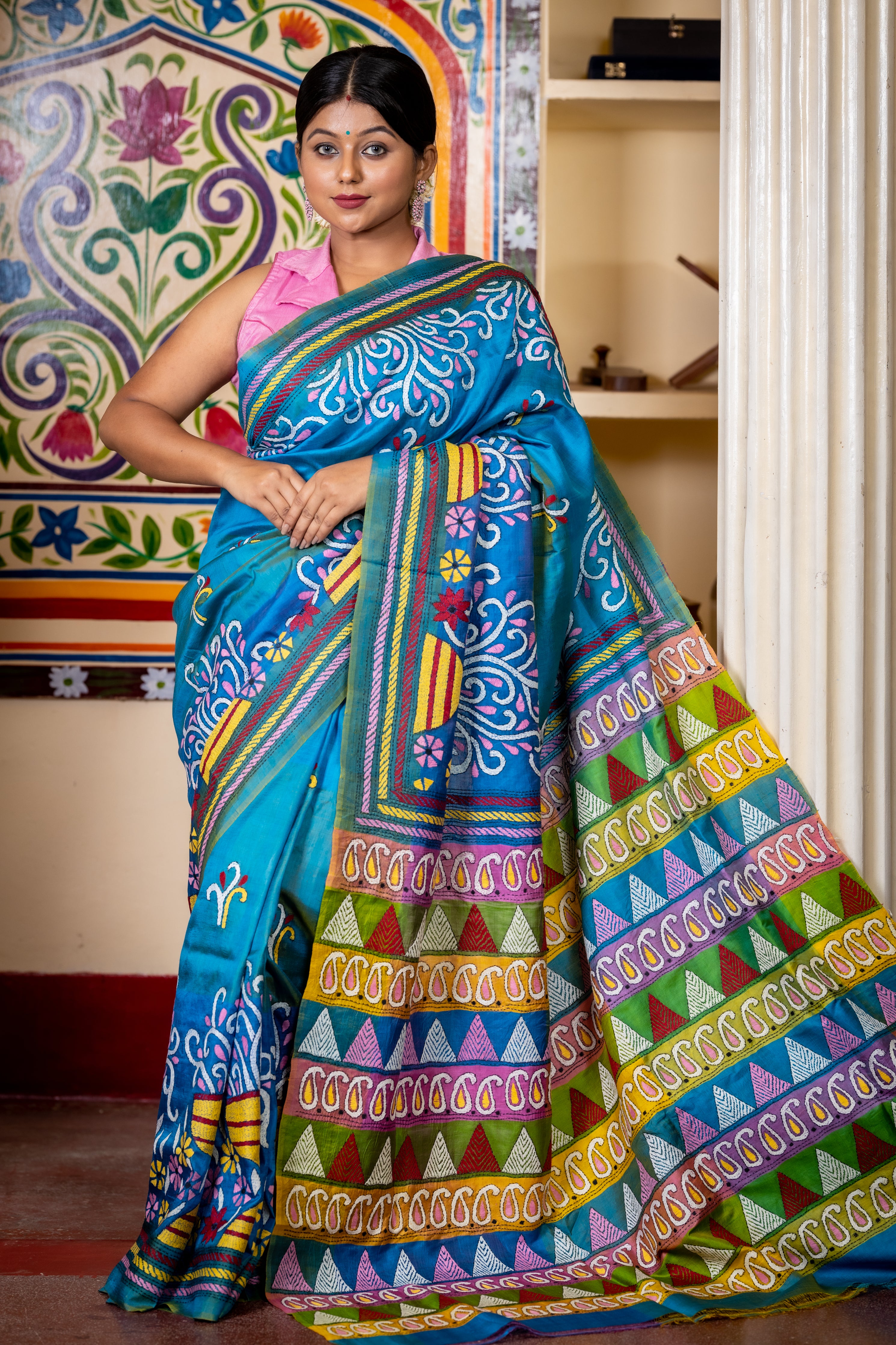 Ashima || Turquoise Blue & Peacock Blue shaded Pure Bishnupuri Silk Handloom Kantha Stitch Embroidery Saree with all over Multi-colour Floral motif and 'Temple-Kalka' design Pallu on 4D Colour Block Stripes