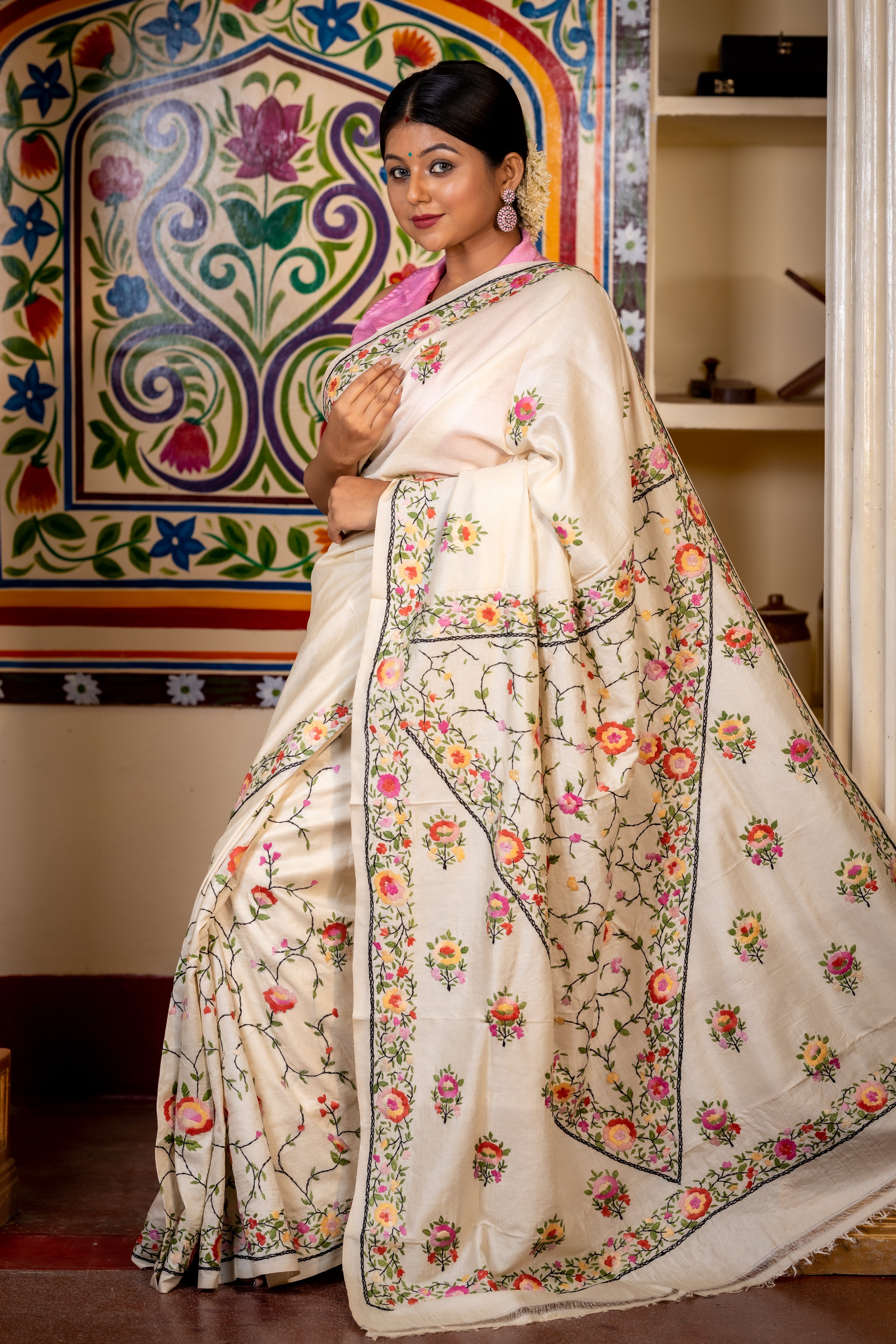 Latika || Off-White Pure Tussar Silk Kantha Stitch Hand Embroidery Saree with all over Multi-colour Parsi Floral motif and Jaal Border & Pallu