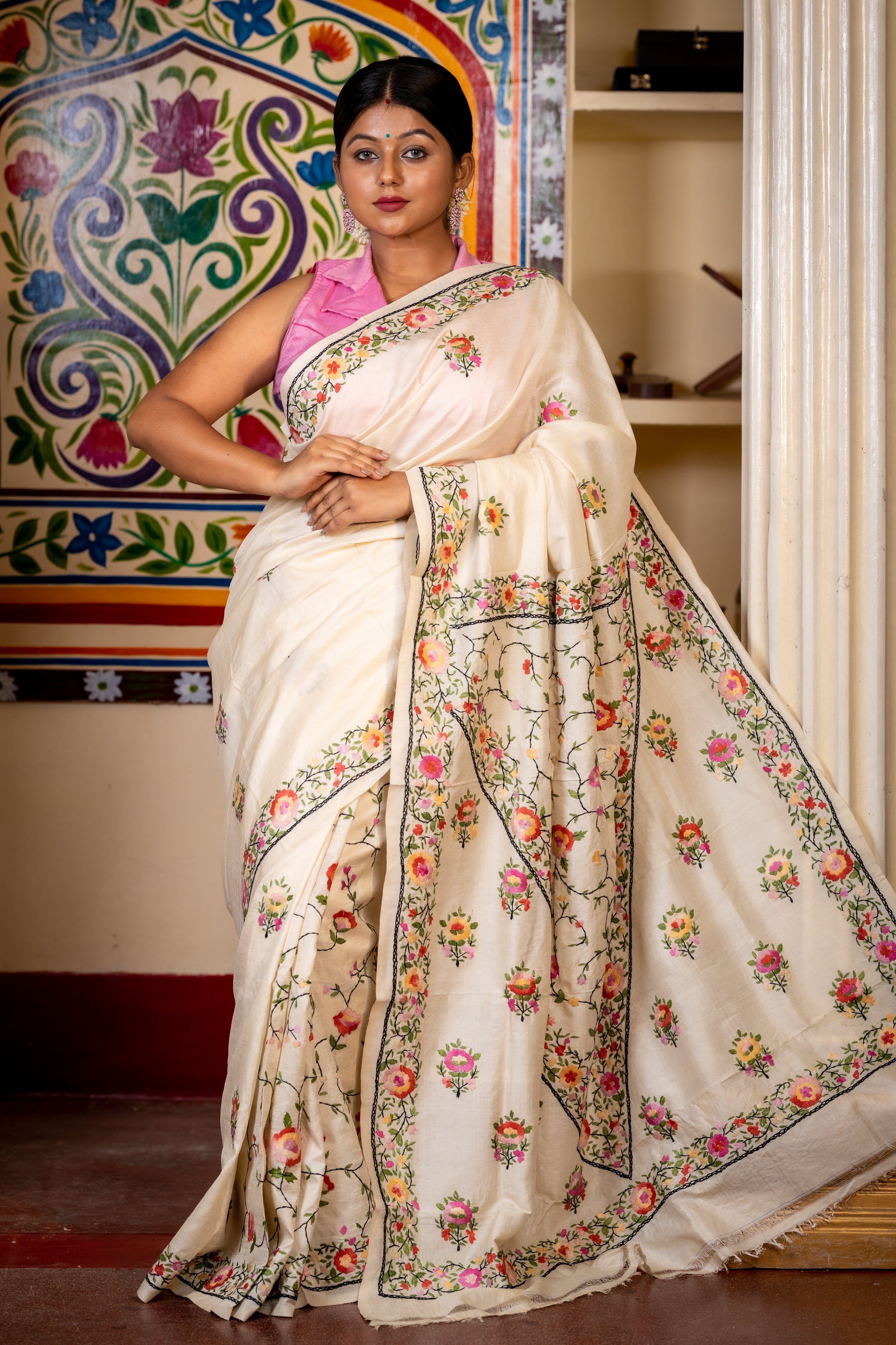 Latika || Off-White Pure Tussar Silk Kantha Stitch Hand Embroidery Saree with all over Multi-colour Parsi Floral motif and Jaal Border & Pallu
