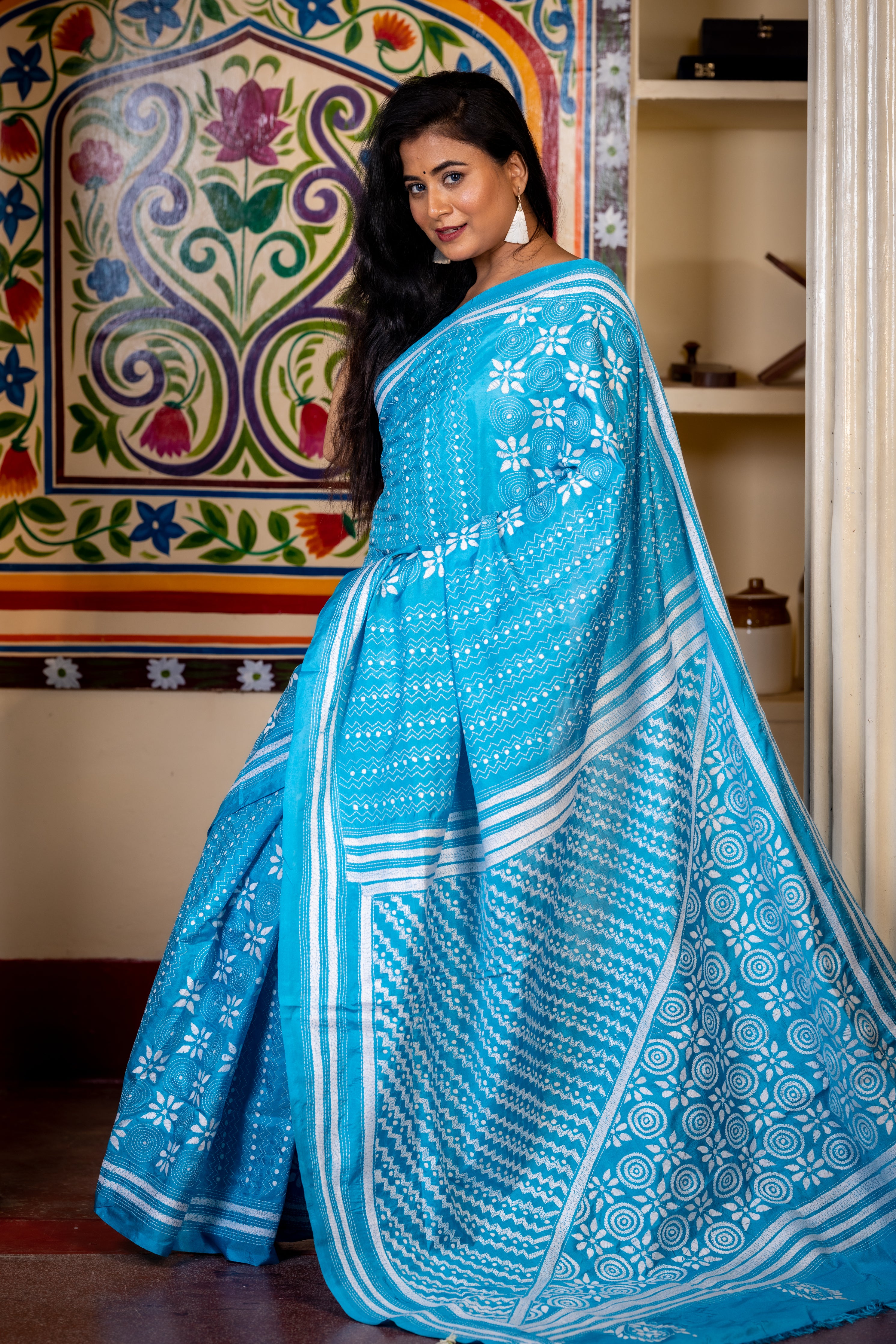 Nilima || Turquoise Blue Bangalore Silk Kantha Stitch Embroidery Saree with all over White Buti, ZigZag Stripes and Floral Motif