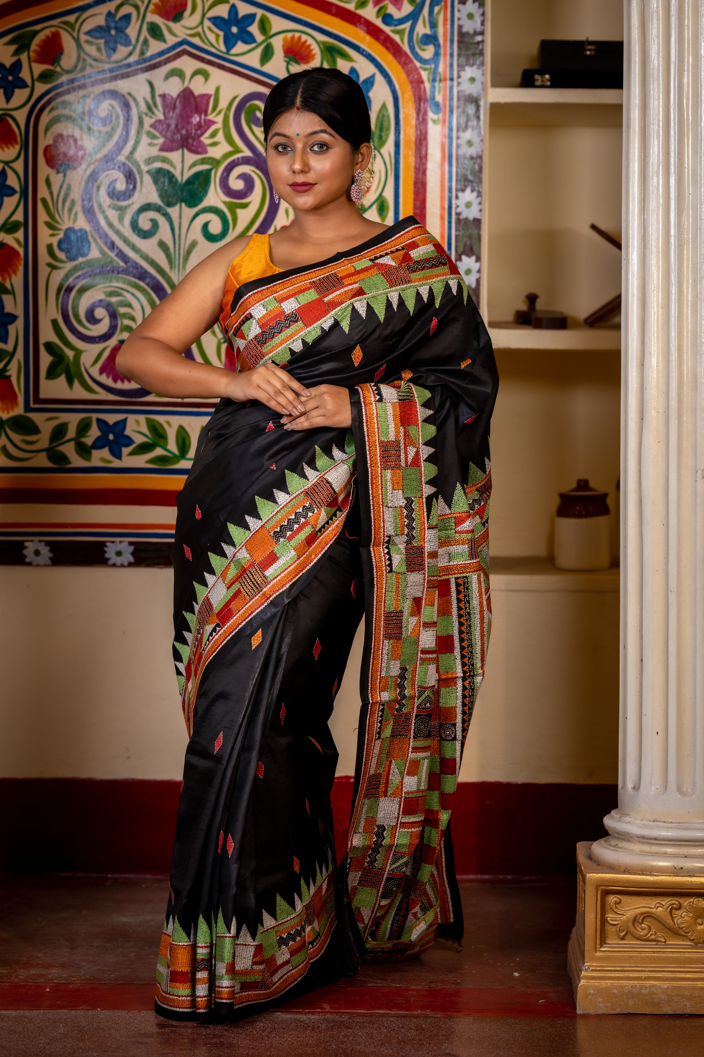Krishnakali || Black Pure Bangalore Silk Kantha Stitch Embroidery Saree with all over Multi-colour Abstract design Buta, Border & Pallu