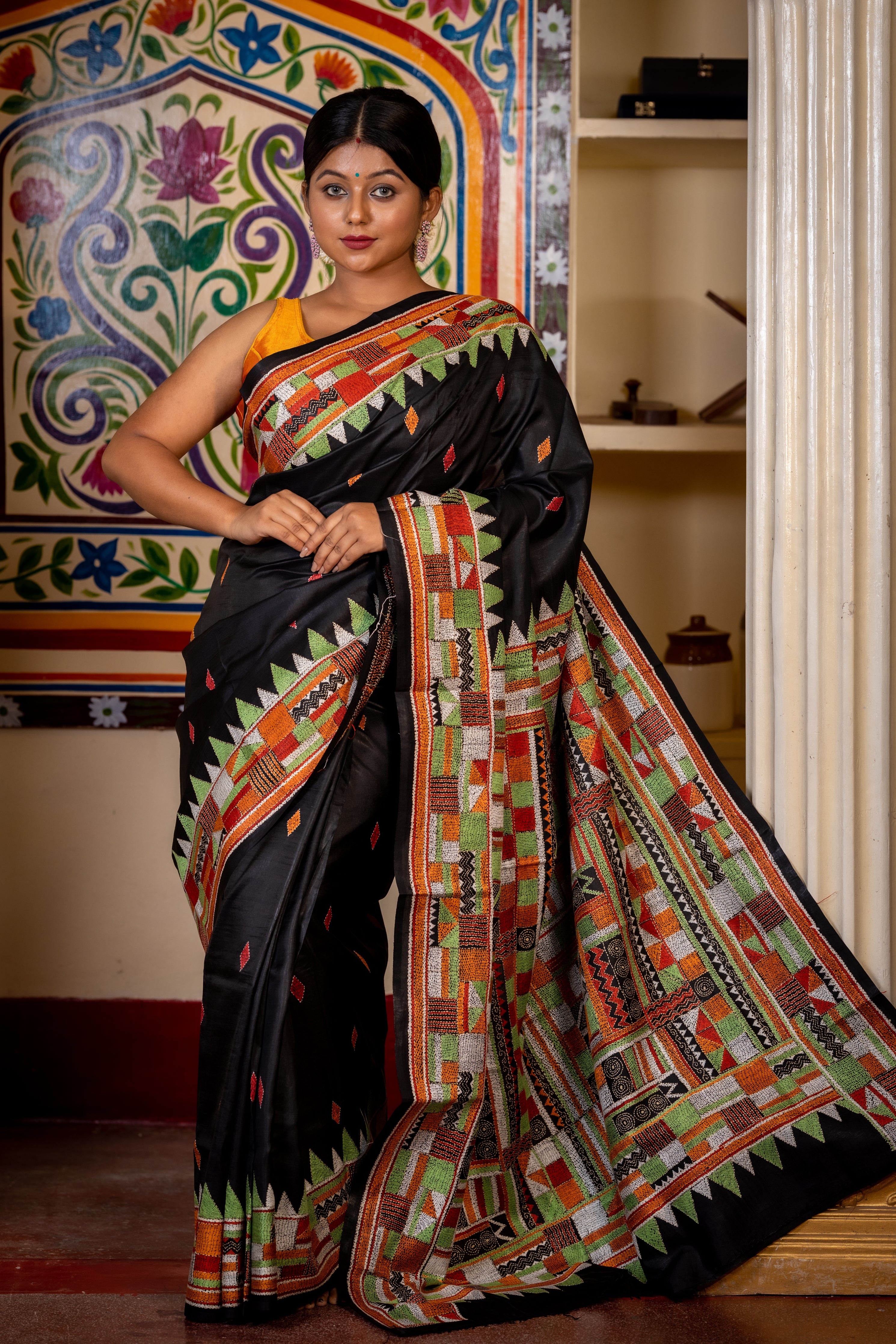 Krishnakali || Black Pure Bangalore Silk Kantha Stitch Embroidery Saree with all over Multi-colour Abstract design Buta, Border & Pallu