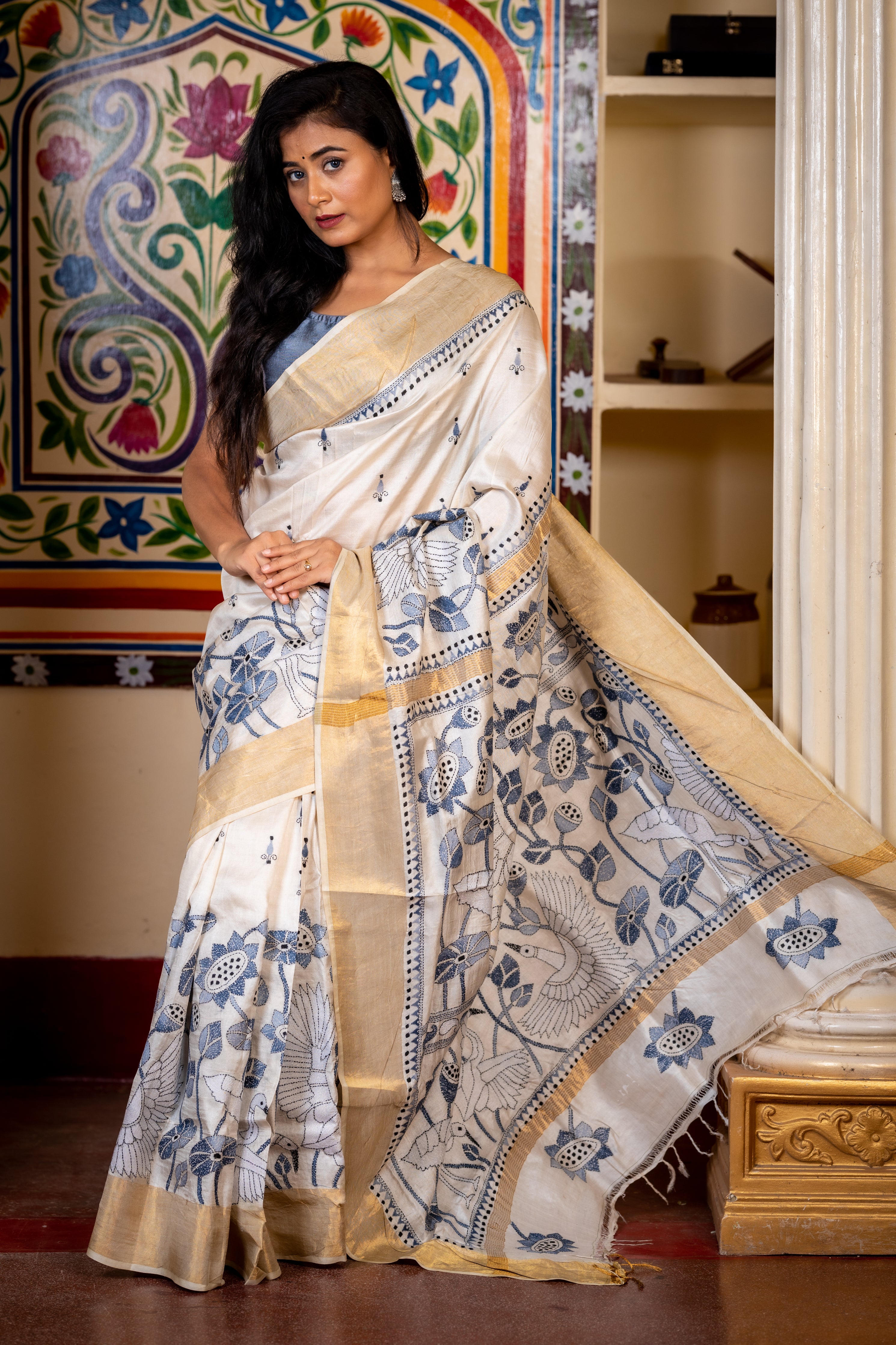 Saroshi || Off-White Pure Tussar Silk Handloom Kantha Stitch Embroidery Saree with all over Ice Blue, Grey & Denim Blue Resham Buta in Black Highlights and 'Lotus & Swan' motif Border & Pallu