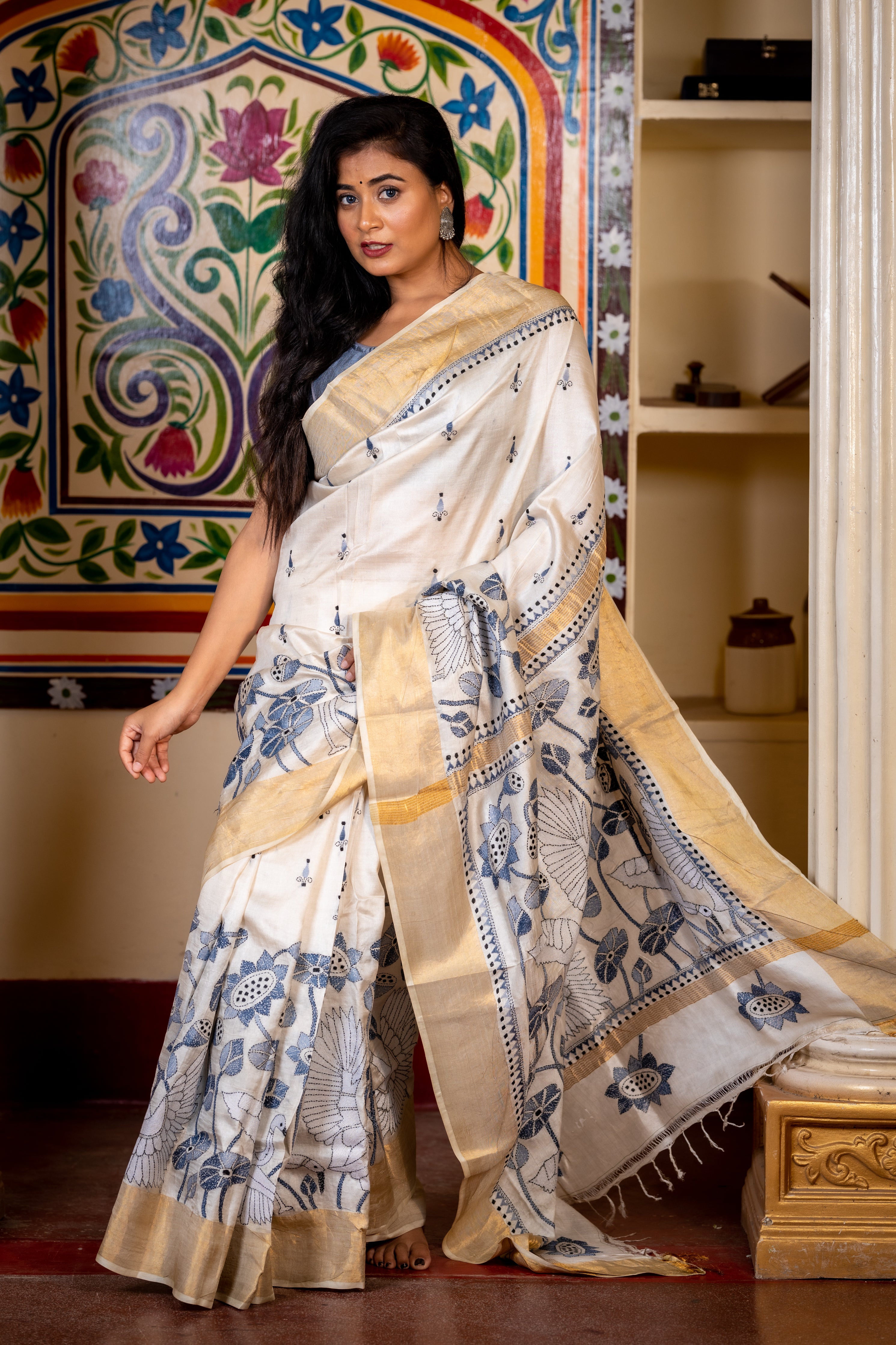 Saroshi || Off-White Pure Tussar Silk Handloom Kantha Stitch Embroidery Saree with all over Ice Blue, Grey & Denim Blue Resham Buta in Black Highlights and 'Lotus & Swan' motif Border & Pallu
