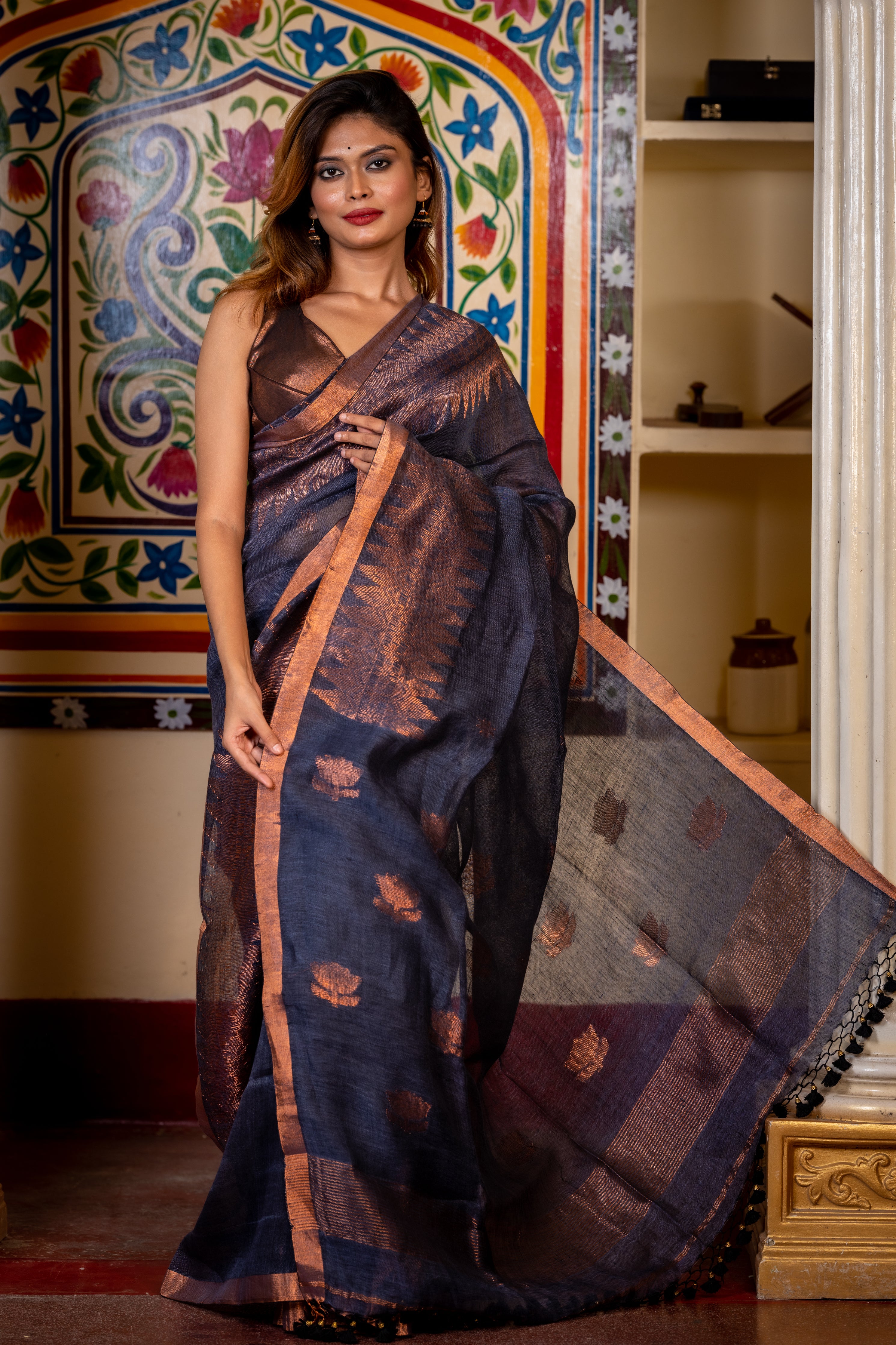 Indrani || Charcoal Blue Linen Bengal Handloom Saree with all over Copper Zari Buta, 'Temple' Border and 'Lotus' motif Pallu