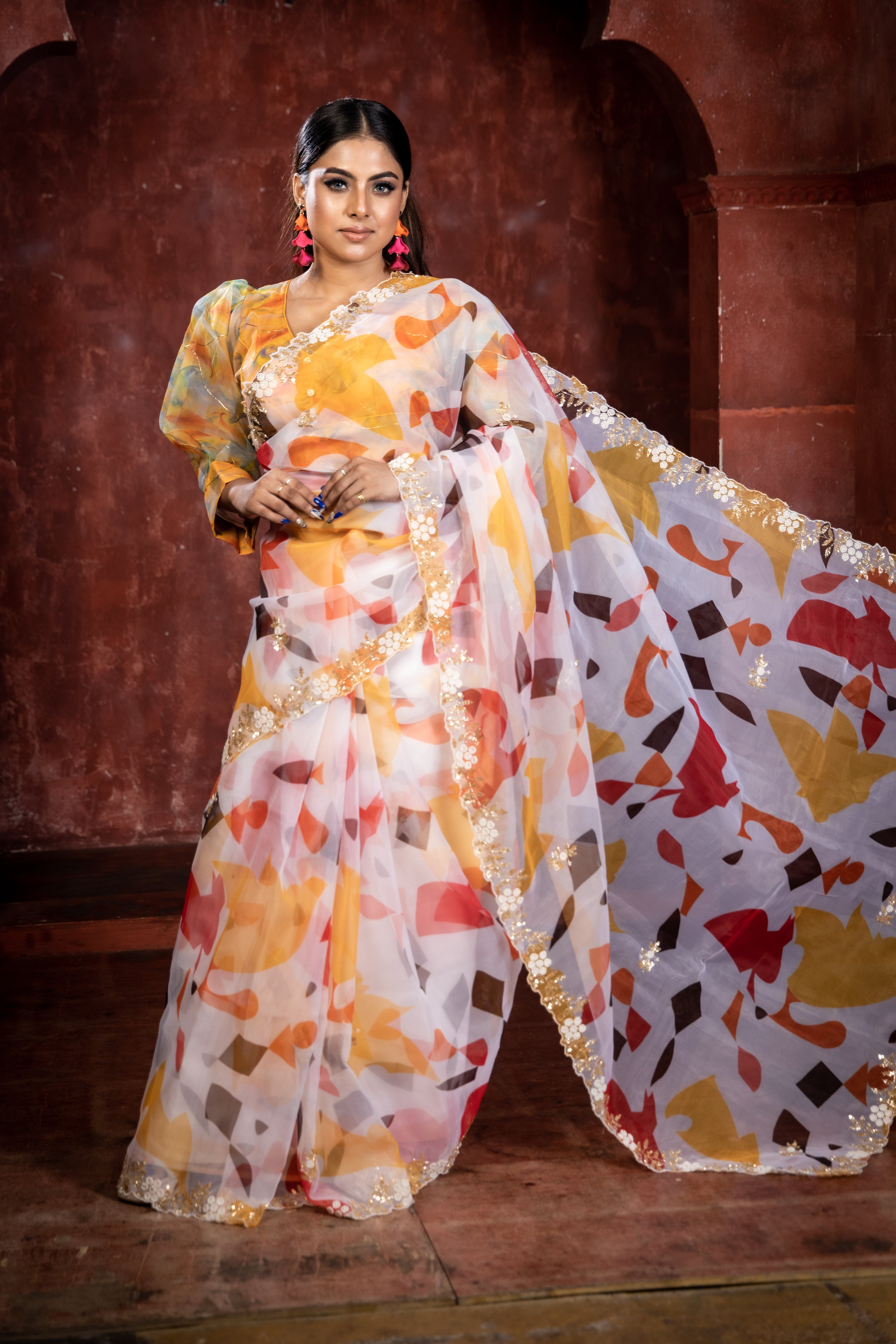 Rangmanch || Milky White Pure Organza Fancy Saree with all over Multi-colour Abstract Digital Print and Antique Gold Sequins, Moti & Cut-dana Handwork Floral Buta & Border