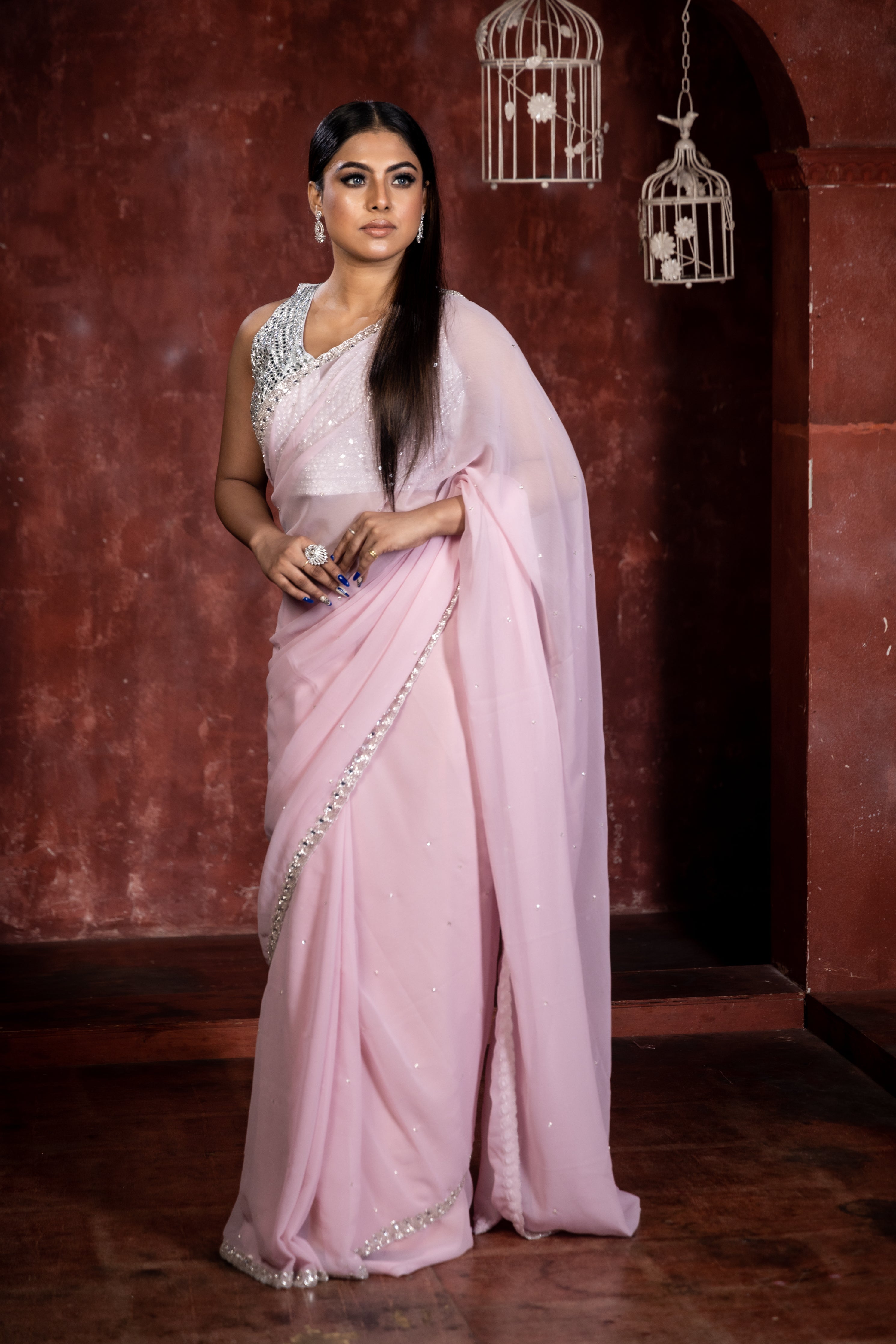 Peony || Pastel Pink Georgette Fancy Saree with all over Silver Cut-dana Handwork Buti and Stone & Silver Cut-dana Border