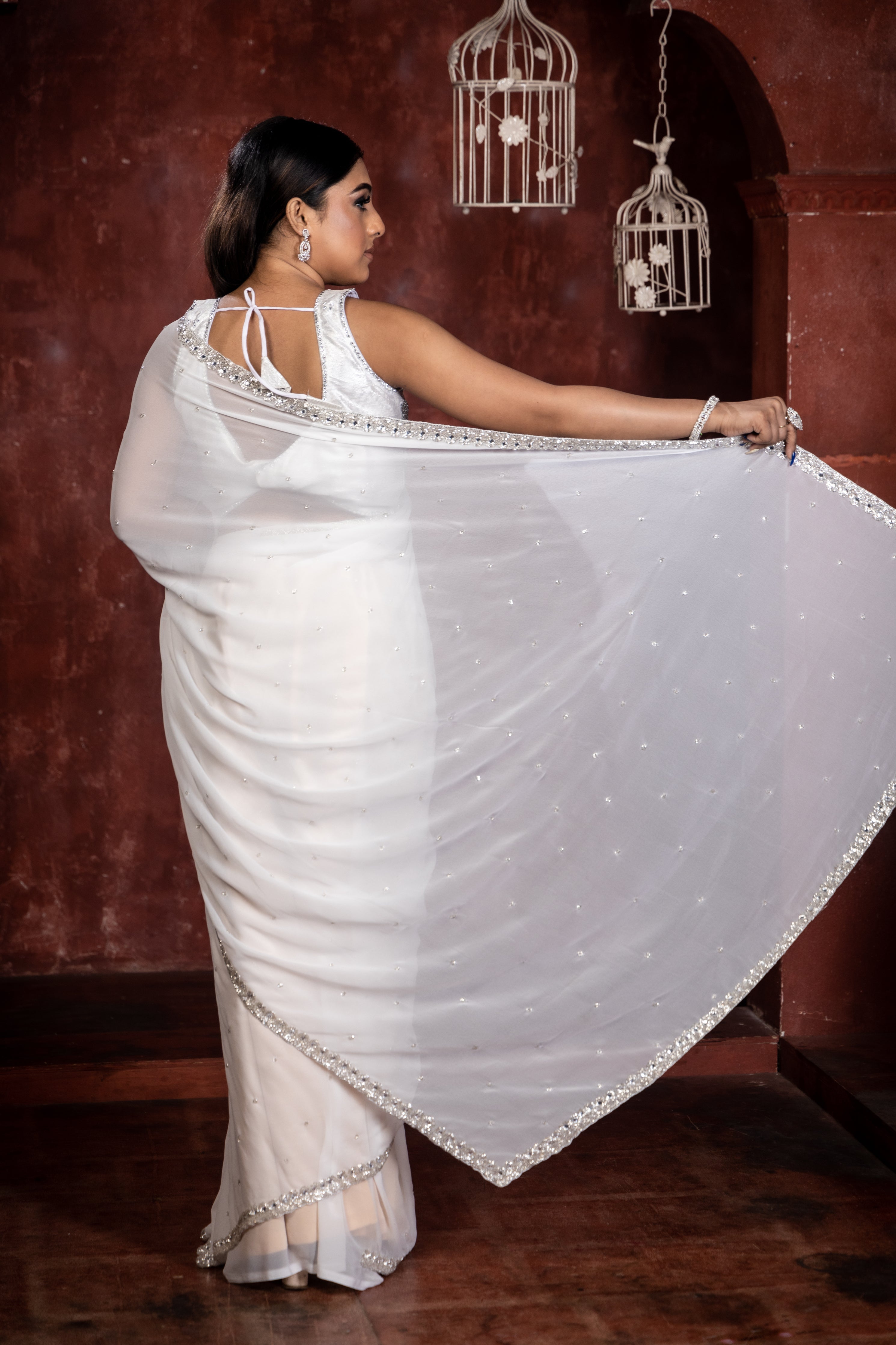 Bianca || Milky White Georgette Fancy Saree with all over Silver Cut-dana Handwork Buti and Stone & Silver Cut-dana Border