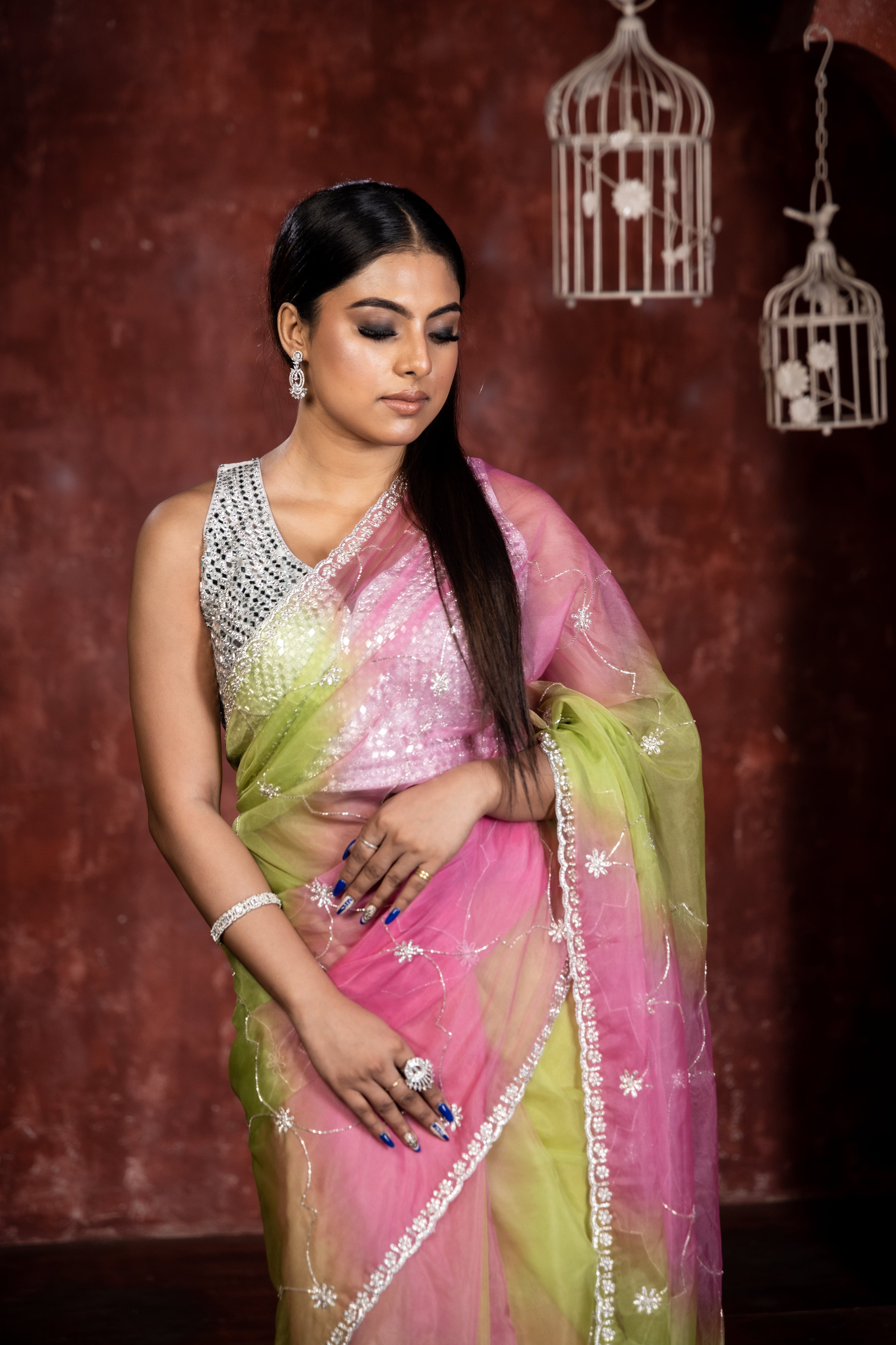Rhea || Parrot Green & Onion Pink shaded Rangkaat Tie & Dye Soft Organza Fancy Saree with all over Stone & Zardosi Handwork Floral Buta, Silver Cut-dana Jaal and Floral Border with Silver Zari piping