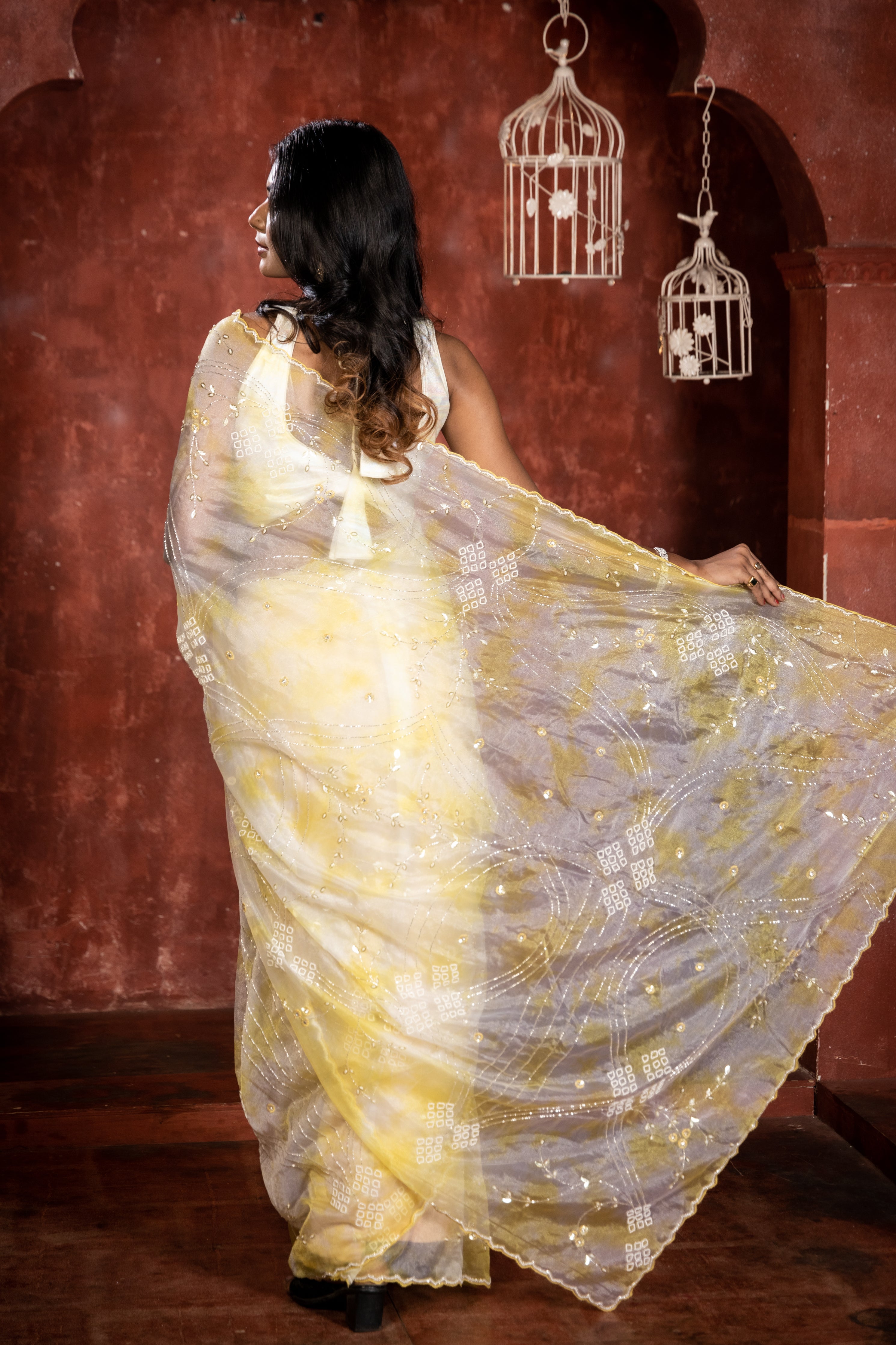 Daffodil || White & Lemon Yellow Shimmer Organza Fancy Saree with all over Sequins, Stone, Silver Cut-dana & Moti Handwork Floral Jaal and Border