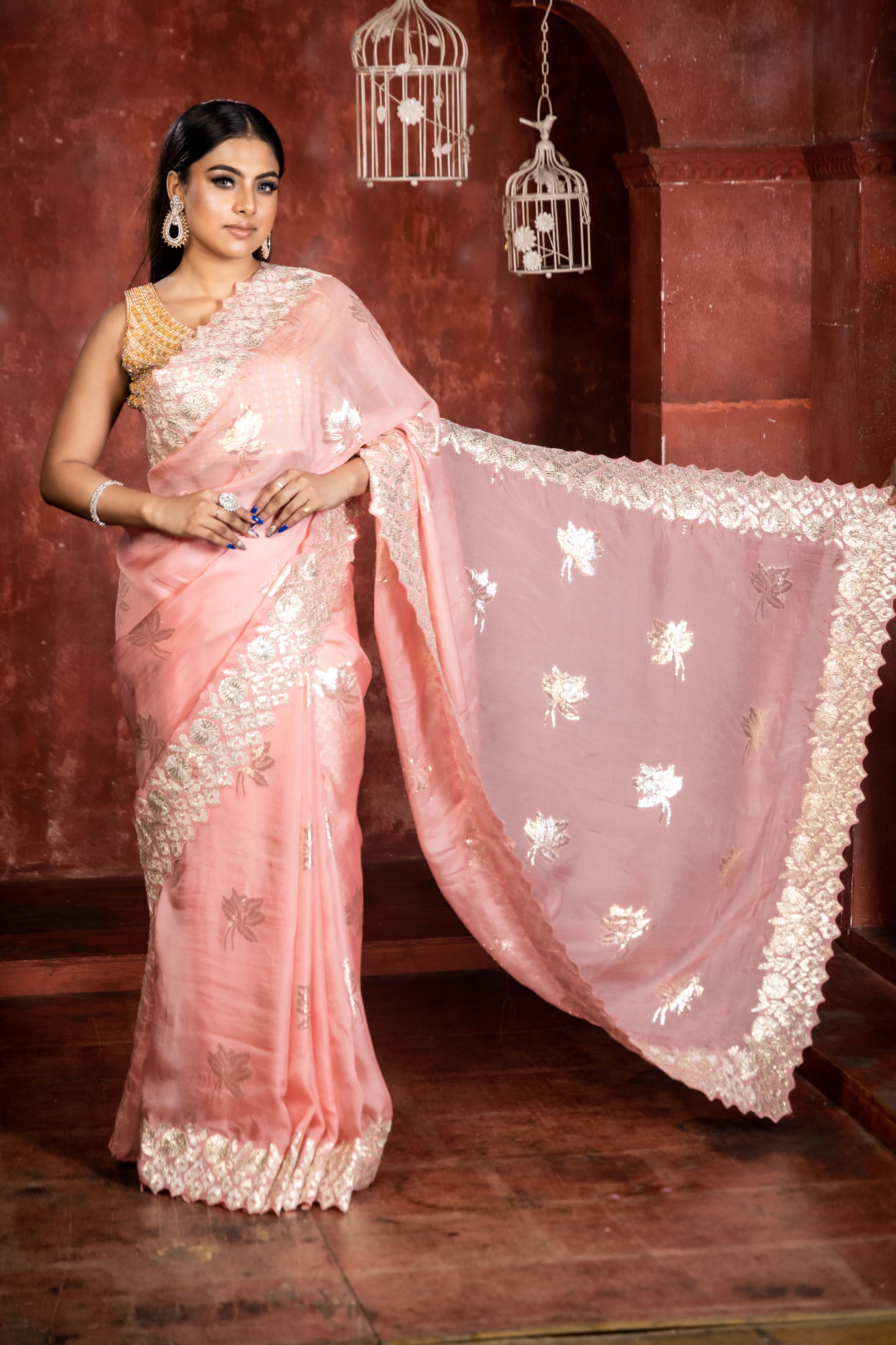 Blush || Rose Pink Soft Organza Fancy Saree with all over Silver & Antique Gold Zari Floral motif and Gota Patti Handwork Border