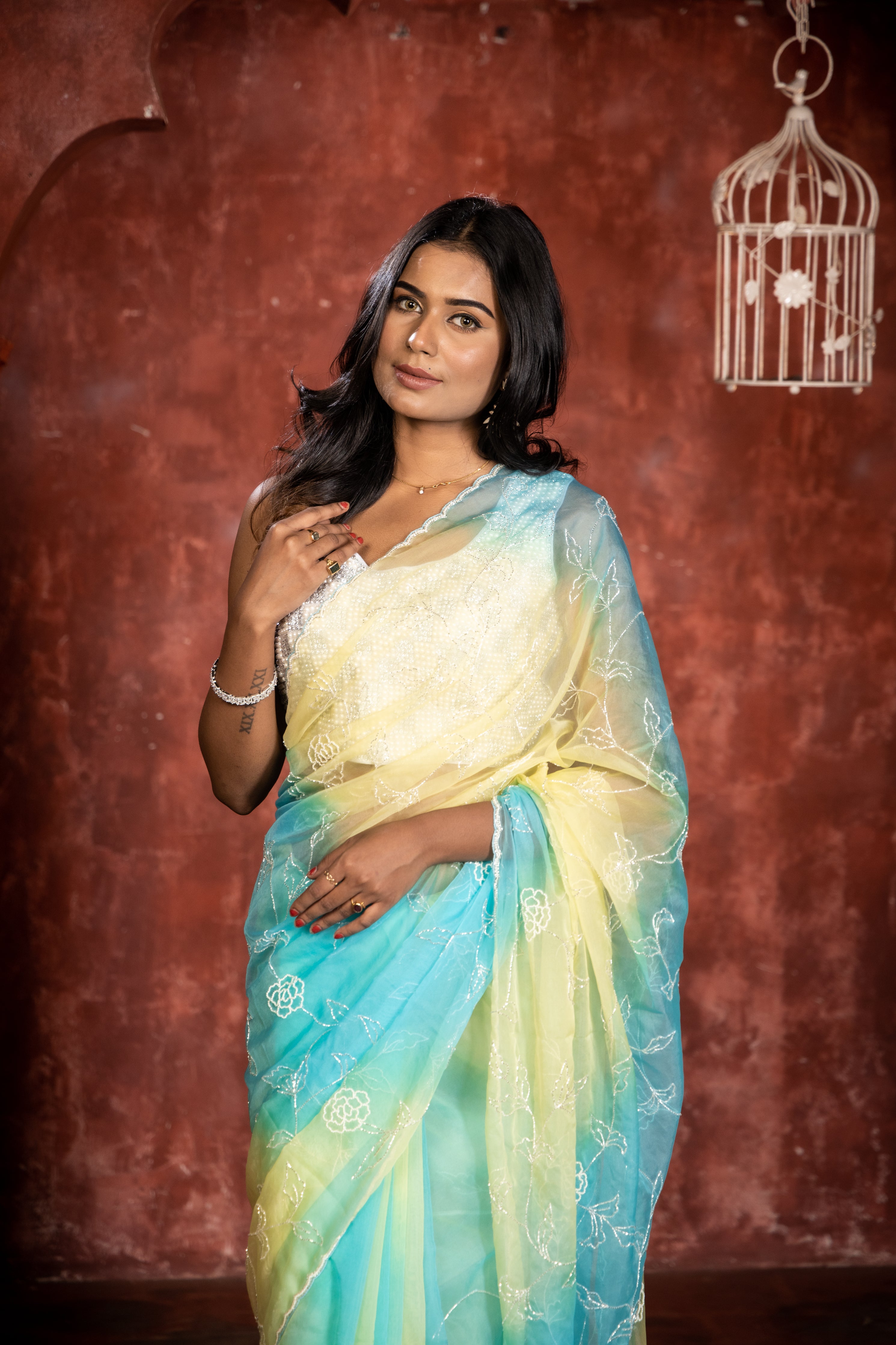 Kia || Sea Green, Sky Blue & Lemon Yellow shaded Multi-colour Soft Organza Fancy Saree with all over Silver Cut-dana & White Moti Handwork Floral Jaal and Border