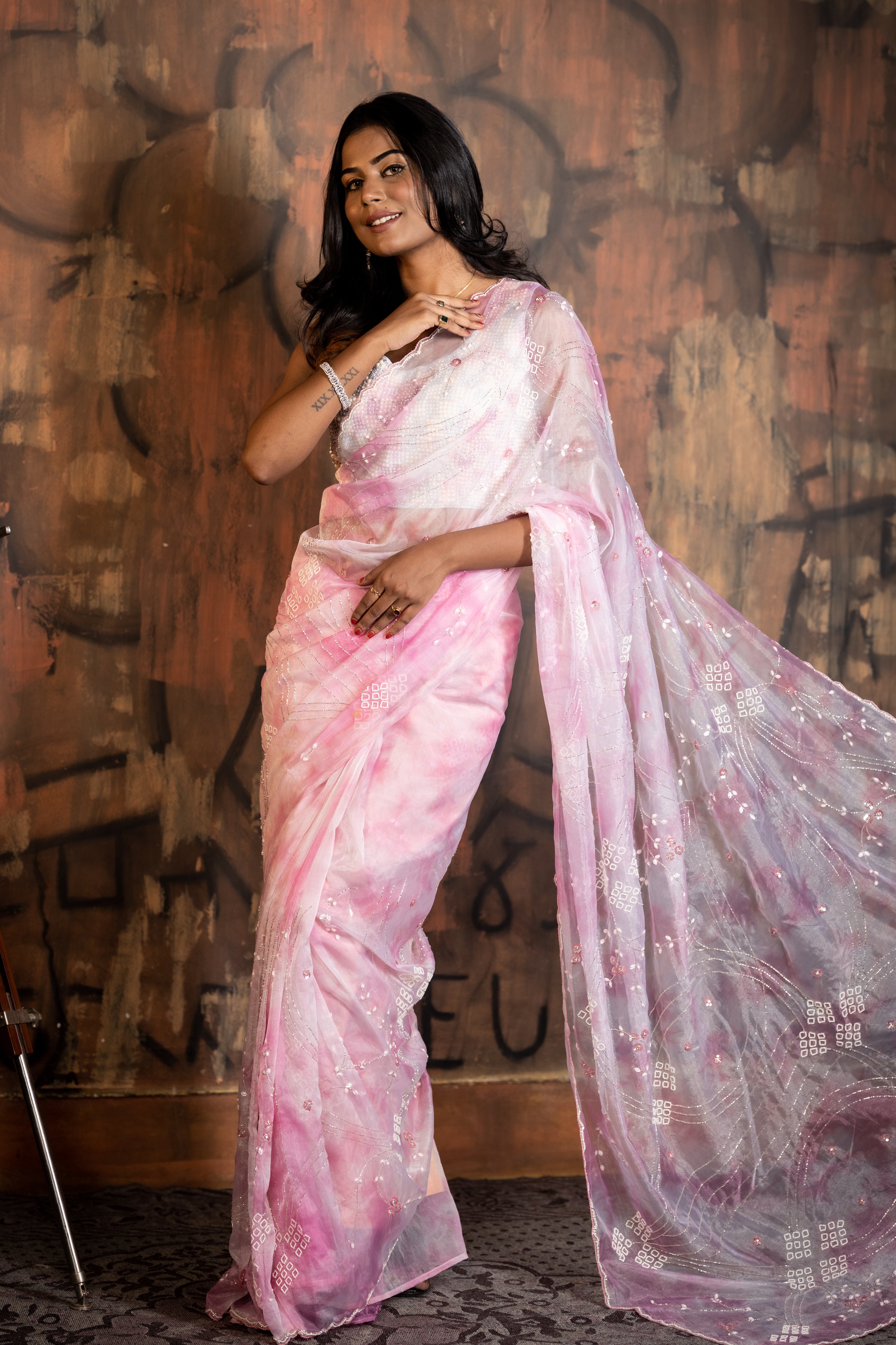 Camellia || Baby Pink & Light Orchid Pink Shimmer Organza Fancy Saree with all over Sequins, Stone, Silver Cut-dana & Moti Handwork Floral Jaal and Border