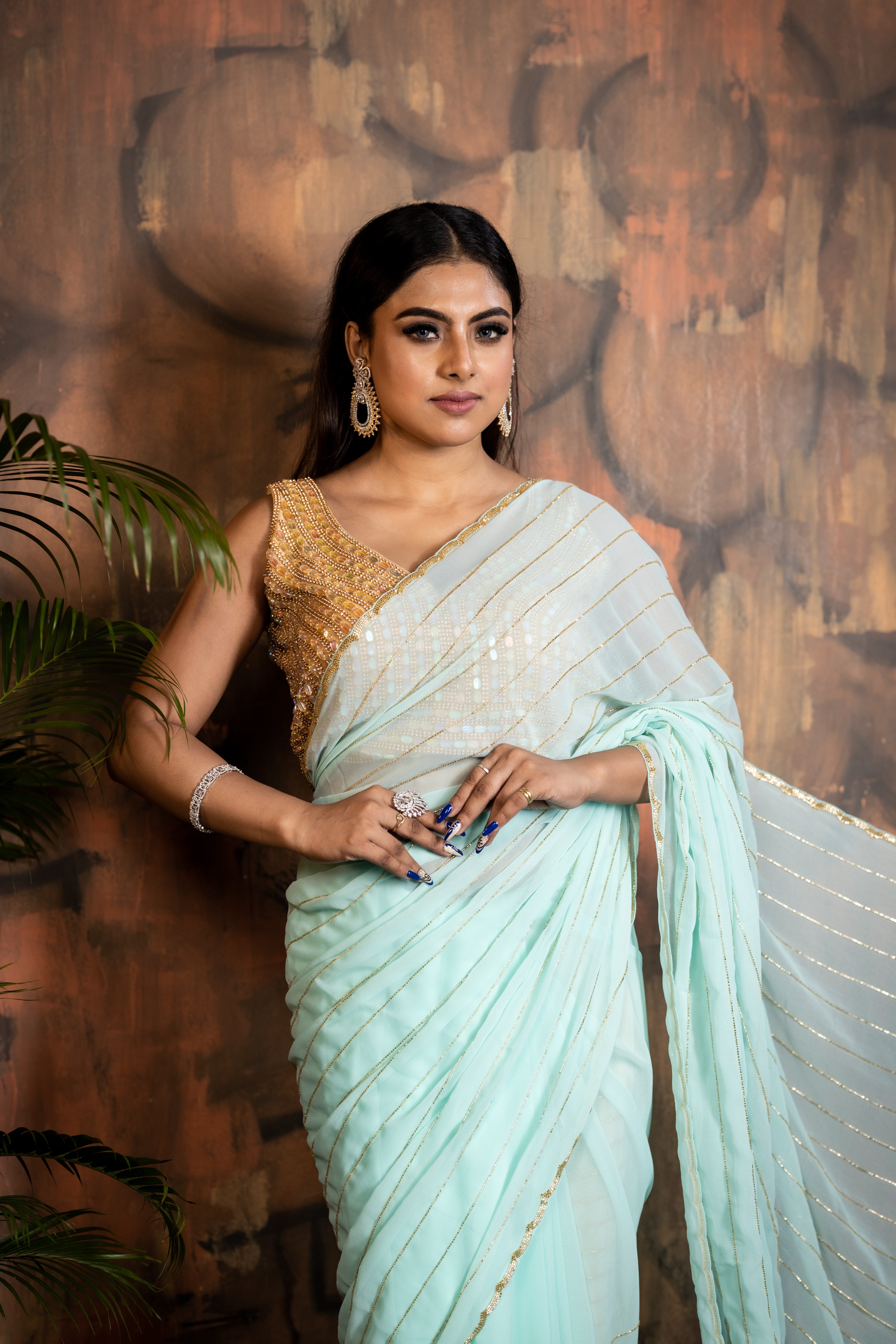 Cool Sea || Sea Green Georgette Chiffon Fancy Saree with all over Golden Cut-dana Handwork Stripes and Border