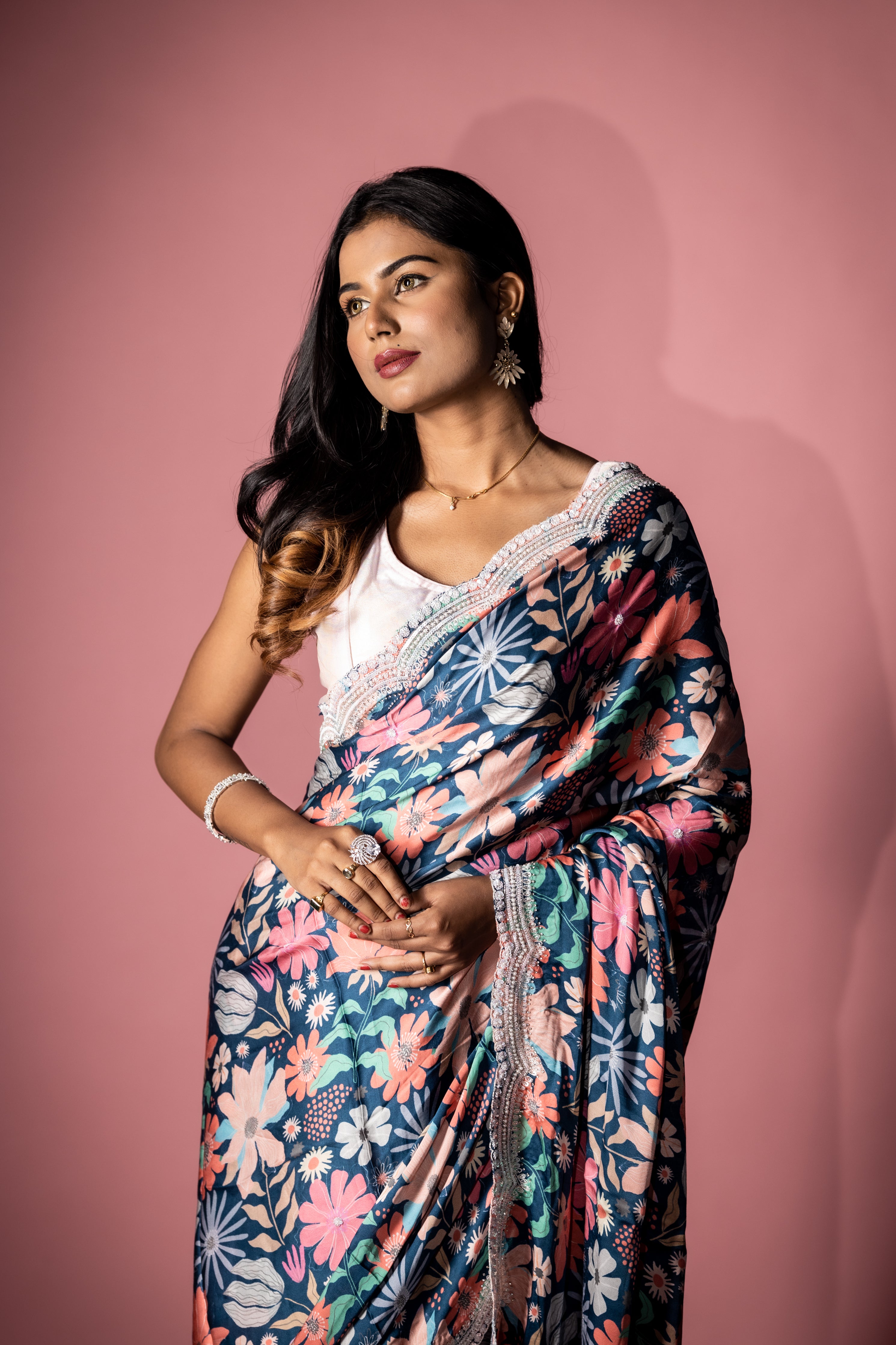 Symphony || Prussian Blue Satin Crepe Fancy Saree with all over Multi-colour Floral Print, White Sequins & Moti Buti and Cut-dana, Moti, Stone, White Sequins & Resham Handwork Floral Border with Zardosi highlights