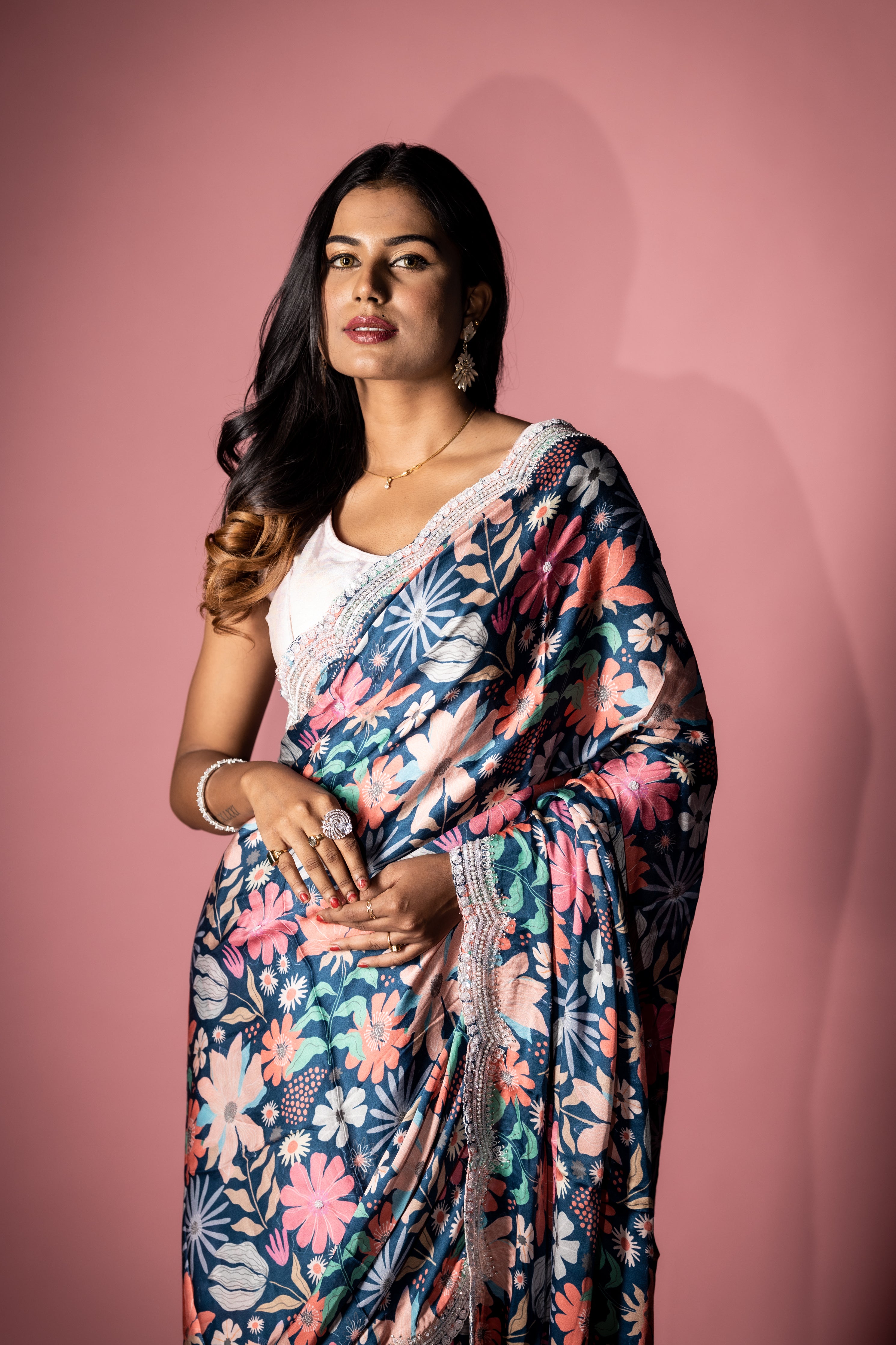 Symphony || Prussian Blue Satin Crepe Fancy Saree with all over Multi-colour Floral Print, White Sequins & Moti Buti and Cut-dana, Moti, Stone, White Sequins & Resham Handwork Floral Border with Zardosi highlights