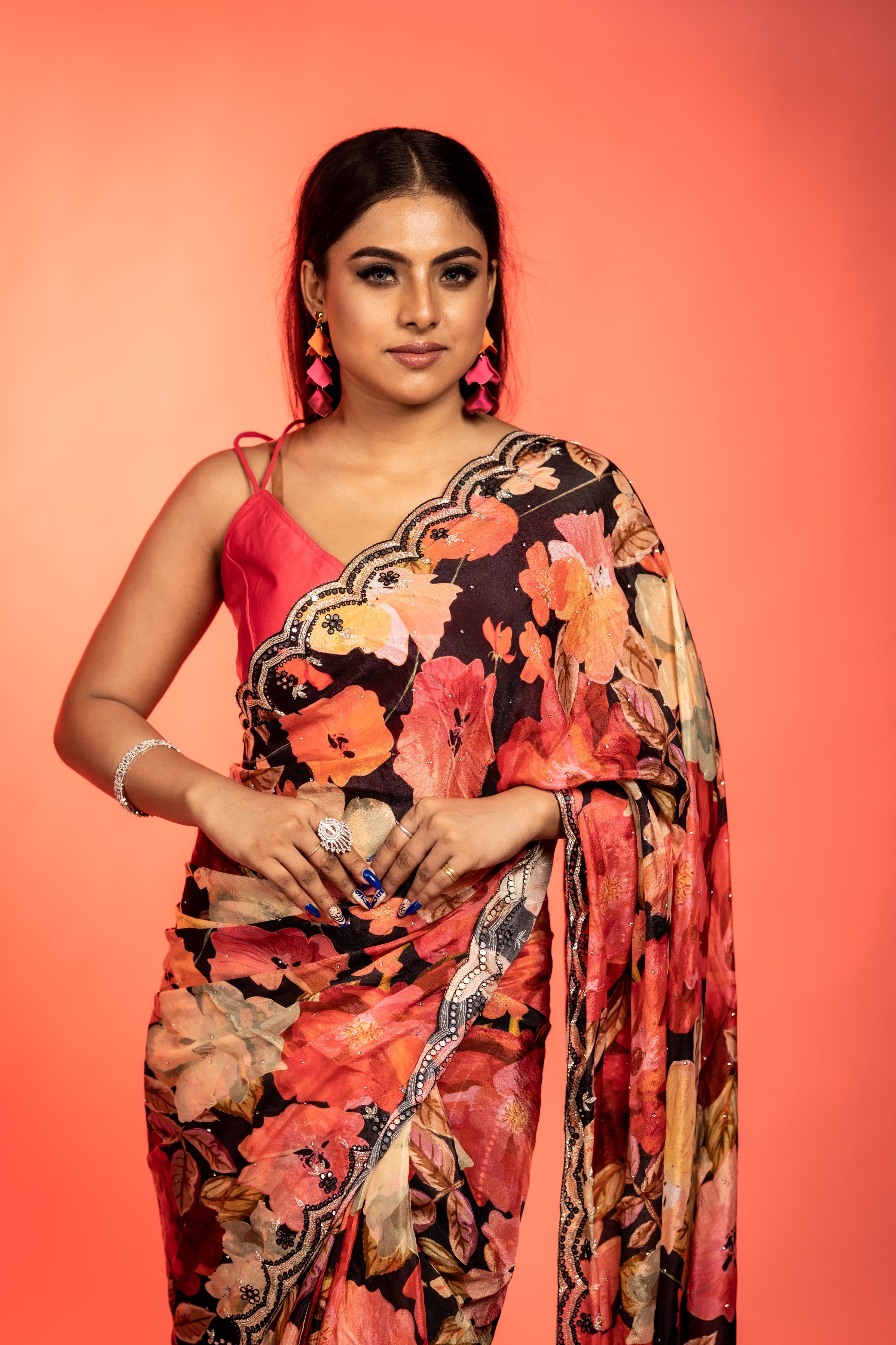 Intoxicated || Black Chinon Fancy Saree with all over Multi-colour Floral Print and Mirror, Cut-dana, Stone & Black Resham Handwork Buti & Border