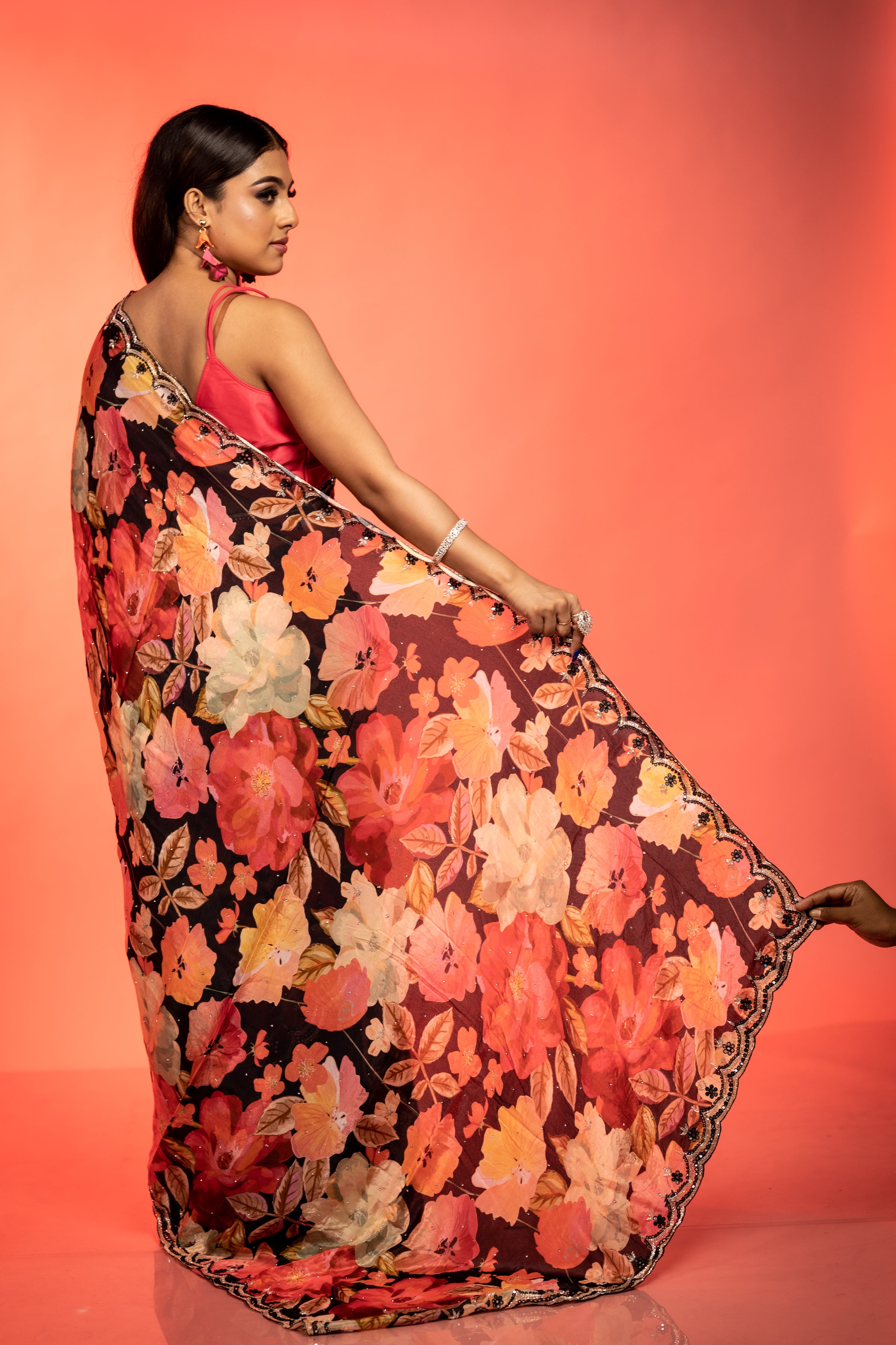 Intoxicated || Black Chinon Fancy Saree with all over Multi-colour Floral Print and Mirror, Cut-dana, Stone & Black Resham Handwork Buti & Border
