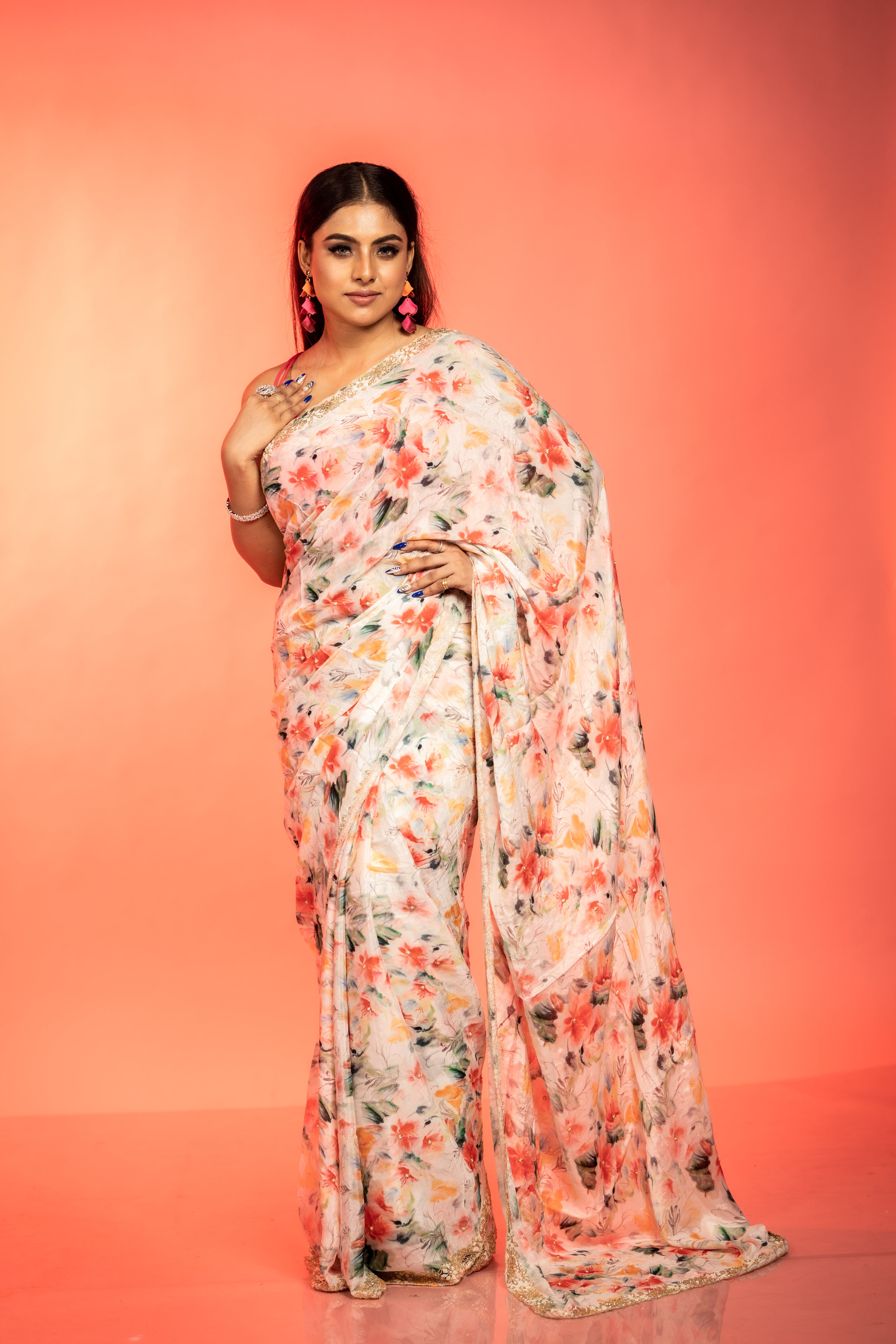 Cherry Blossom || Milky White Chinon Fancy Saree with all over Multi-colour Floral Print and Moti & Cut-dana Handwork Buti and Border with Golden Zari piping