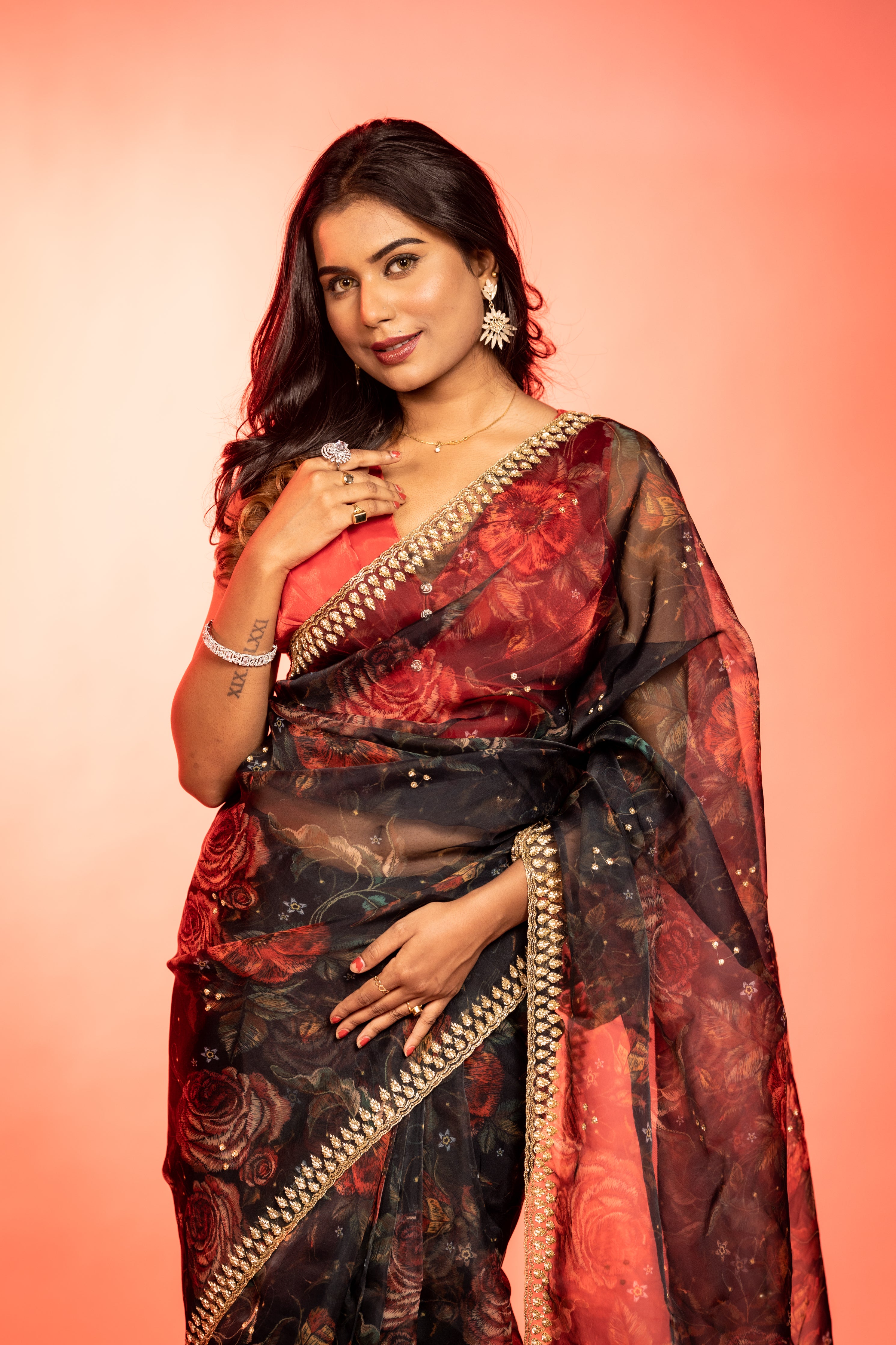 Black Rose || Black Pure Organza Fancy Saree with all over Multi-colour Floral Digital Print and Moti & Cut-dana Handwork Buti & Border with Antique Gold Zari piping