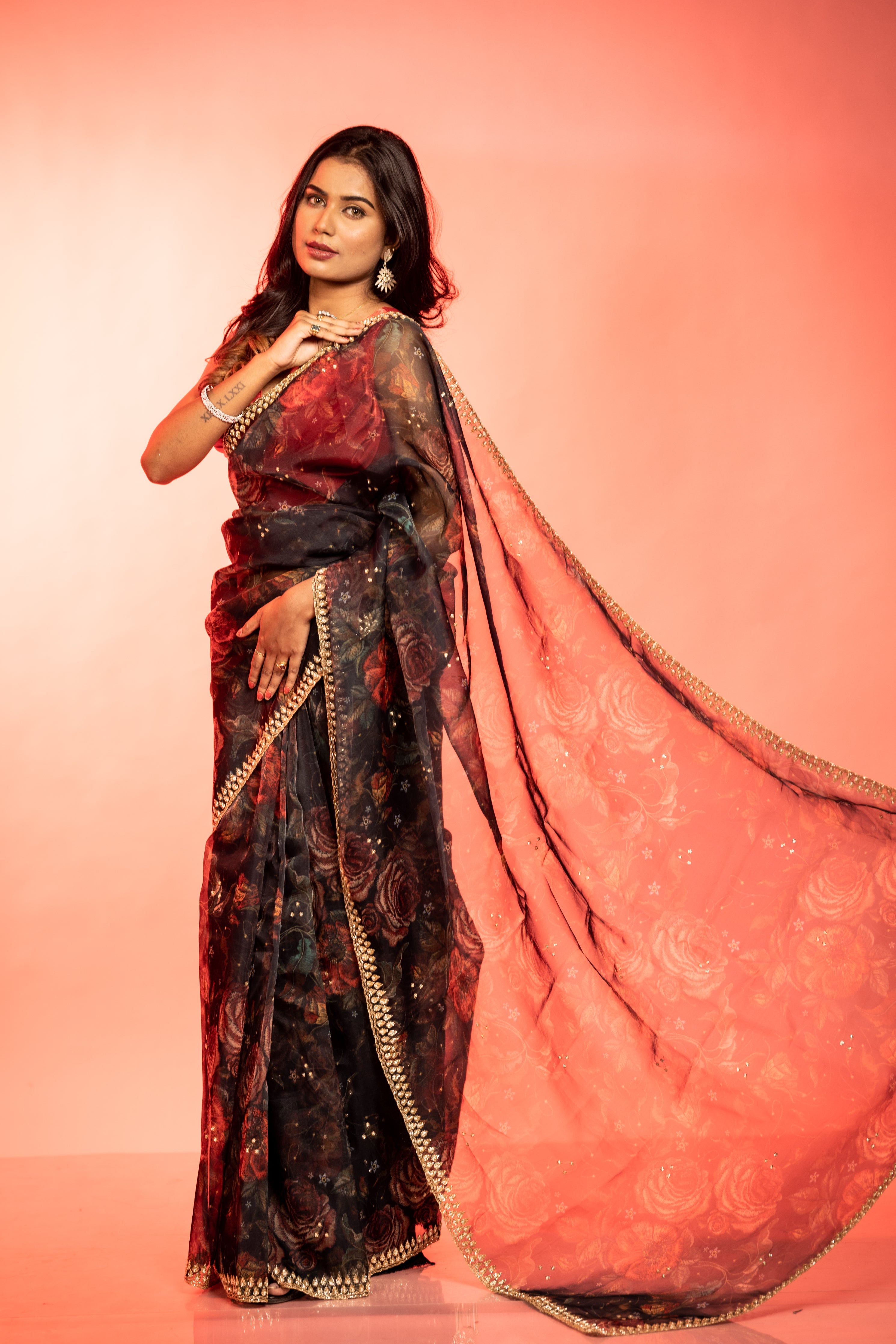 Black Rose || Black Pure Organza Fancy Saree with all over Multi-colour Floral Digital Print and Moti & Cut-dana Handwork Buti & Border with Antique Gold Zari piping