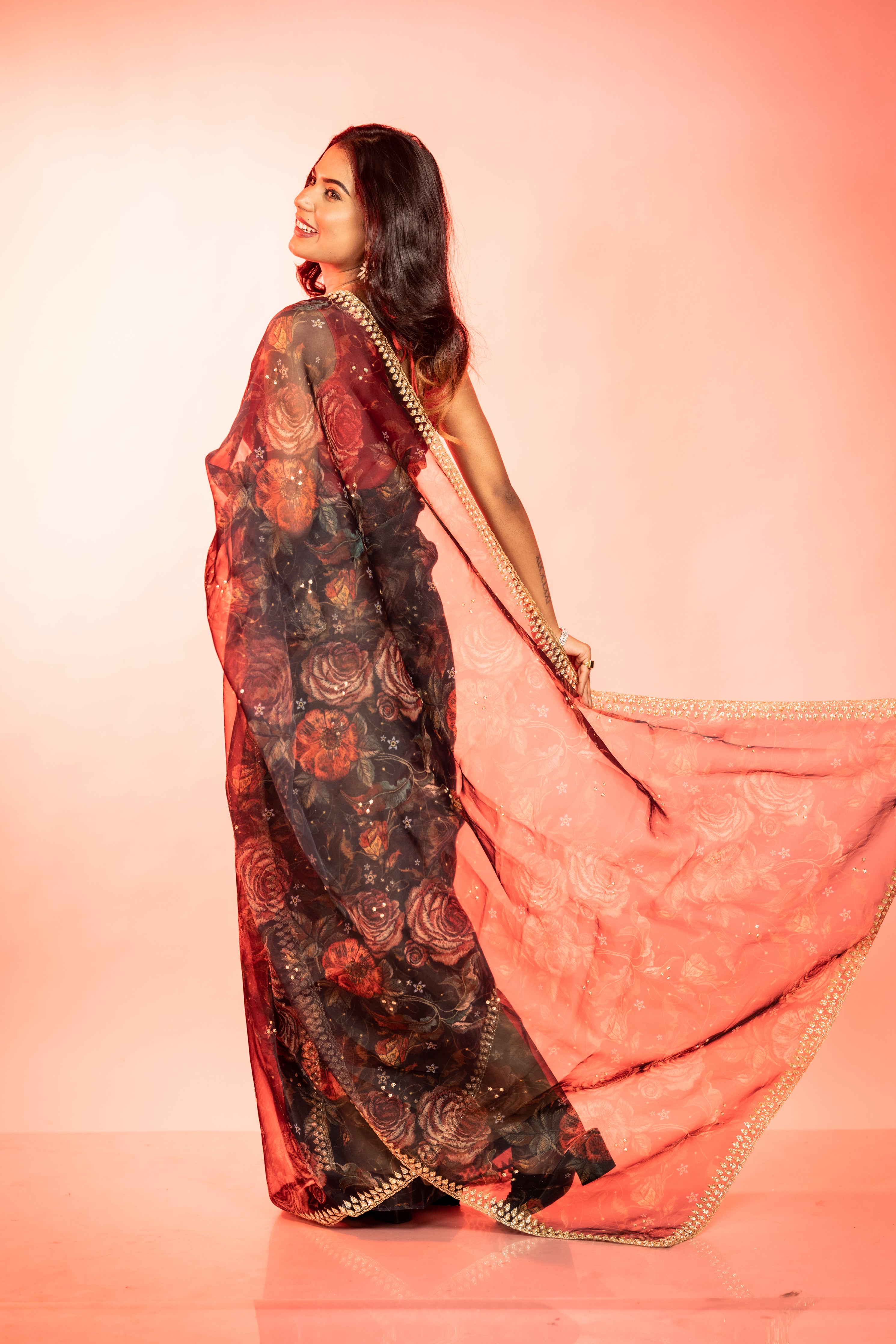 Black Rose || Black Pure Organza Fancy Saree with all over Multi-colour Floral Digital Print and Moti & Cut-dana Handwork Buti & Border with Antique Gold Zari piping