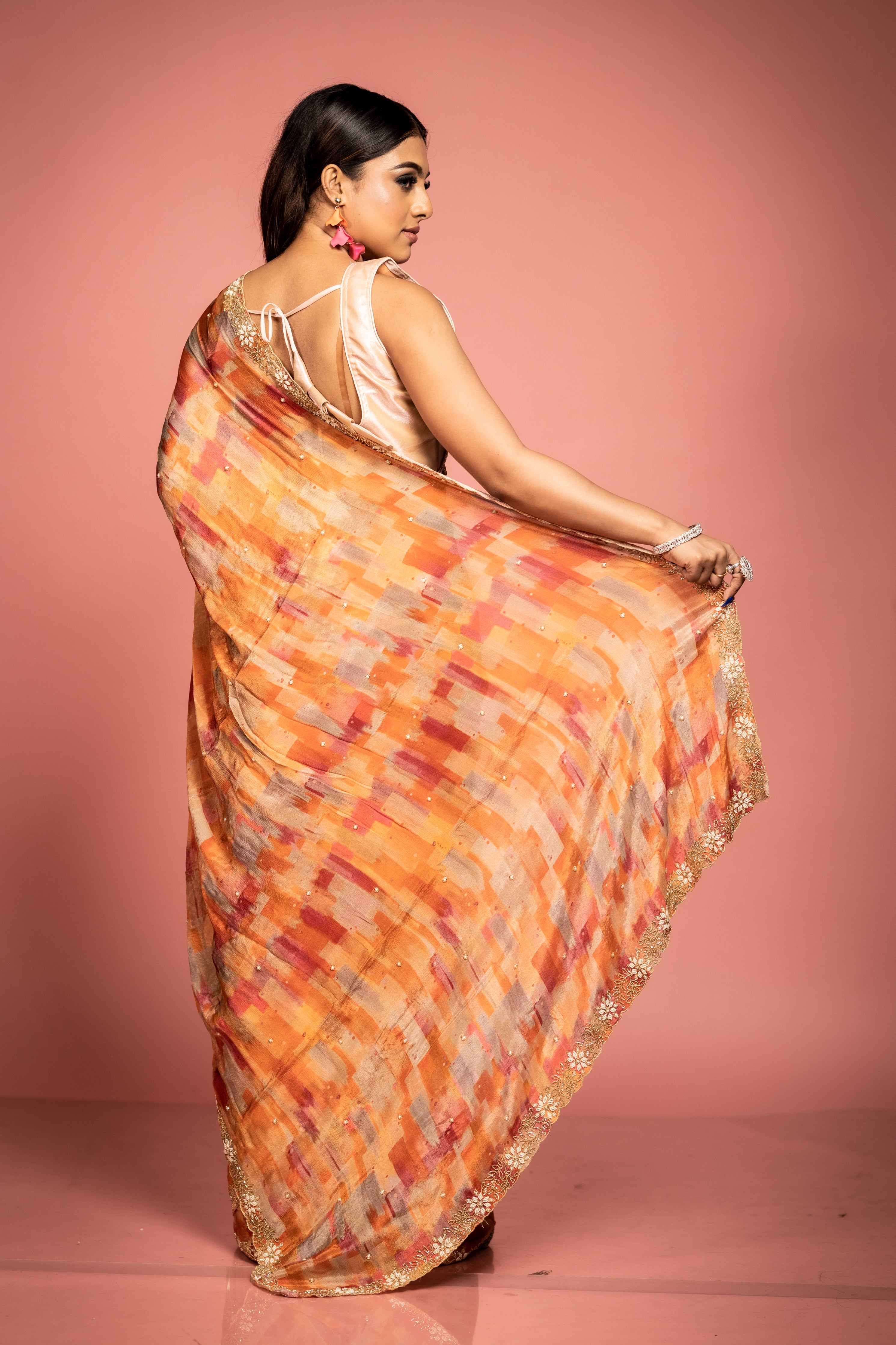 Unevenly Even || Orange & Beetroot Pink Chinon Fancy Saree with all over Multi-shade Colourwash Print and Moti & Cut-dana Handwork Buti & Border with Golden Zari piping
