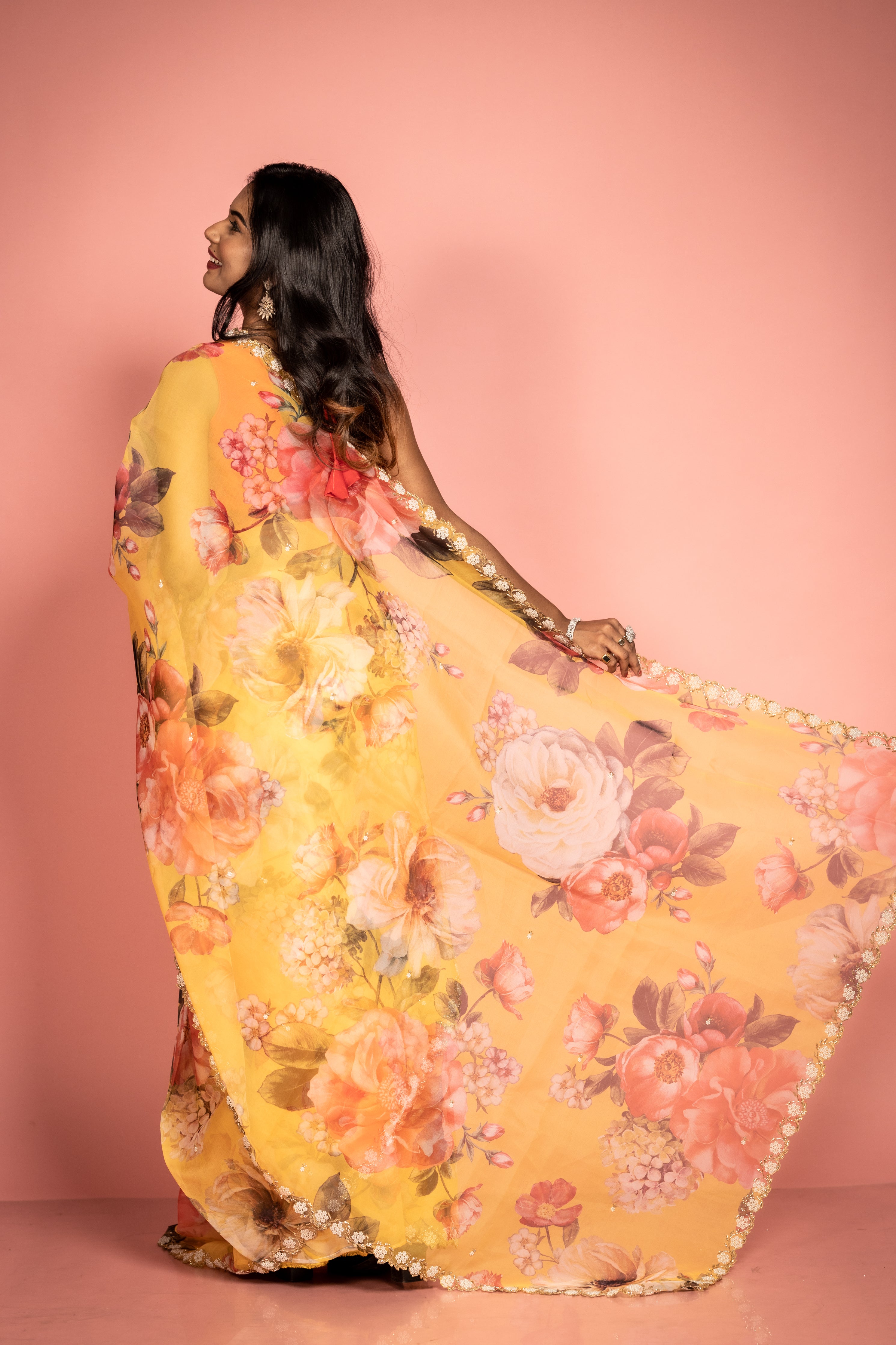Rosa || Mango Yellow Pure Organza Fancy Saree with all over Multi-colour Floral Digital Print and Moti & Cut-dana Handwork Buti & Border with Antique Gold Zari piping