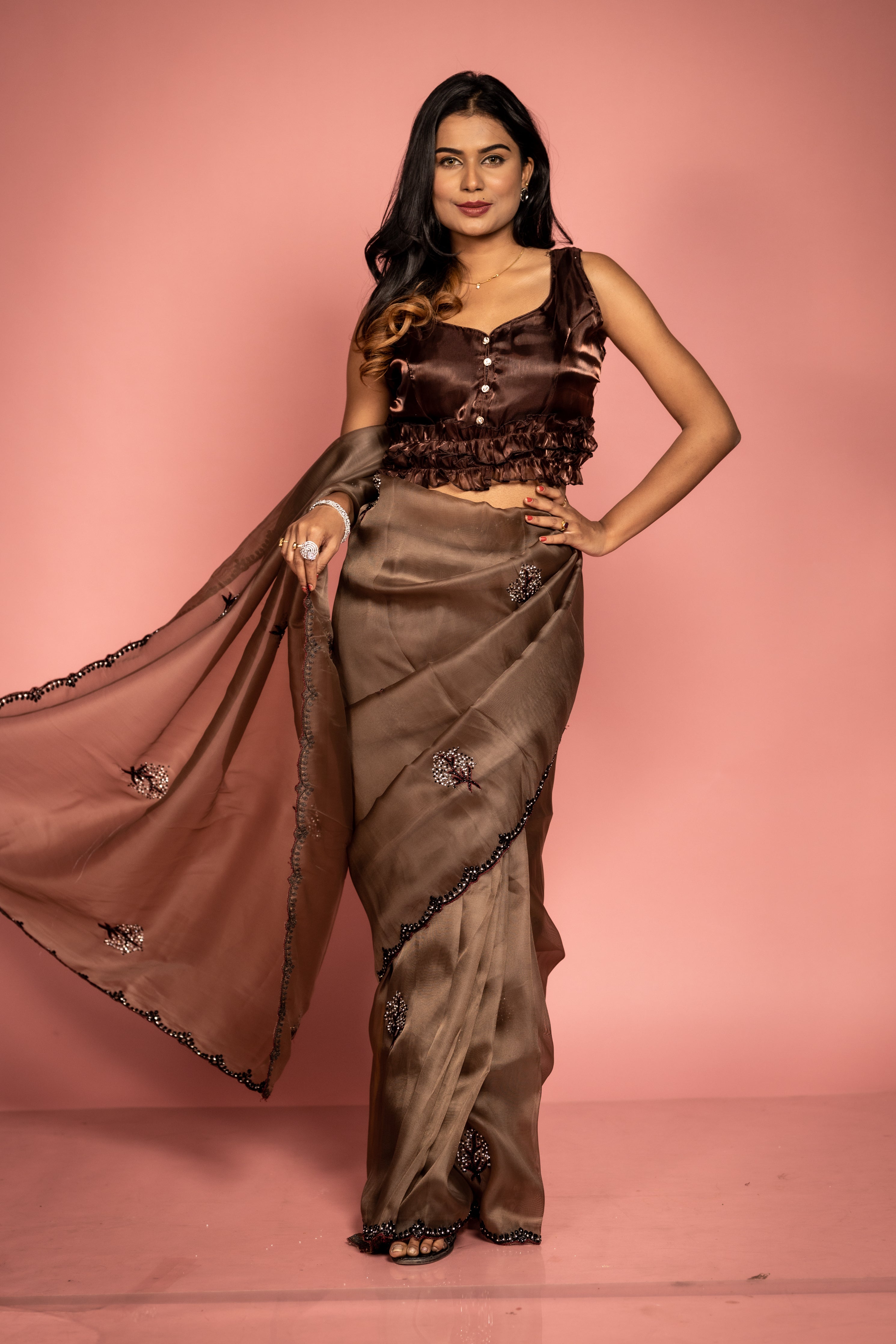 Hazel || Dark Taupe Brown Raina Tissue Fancy Saree with all over Black Cut-dana, Rhinestone & Stone Handwork Floral motif and Border