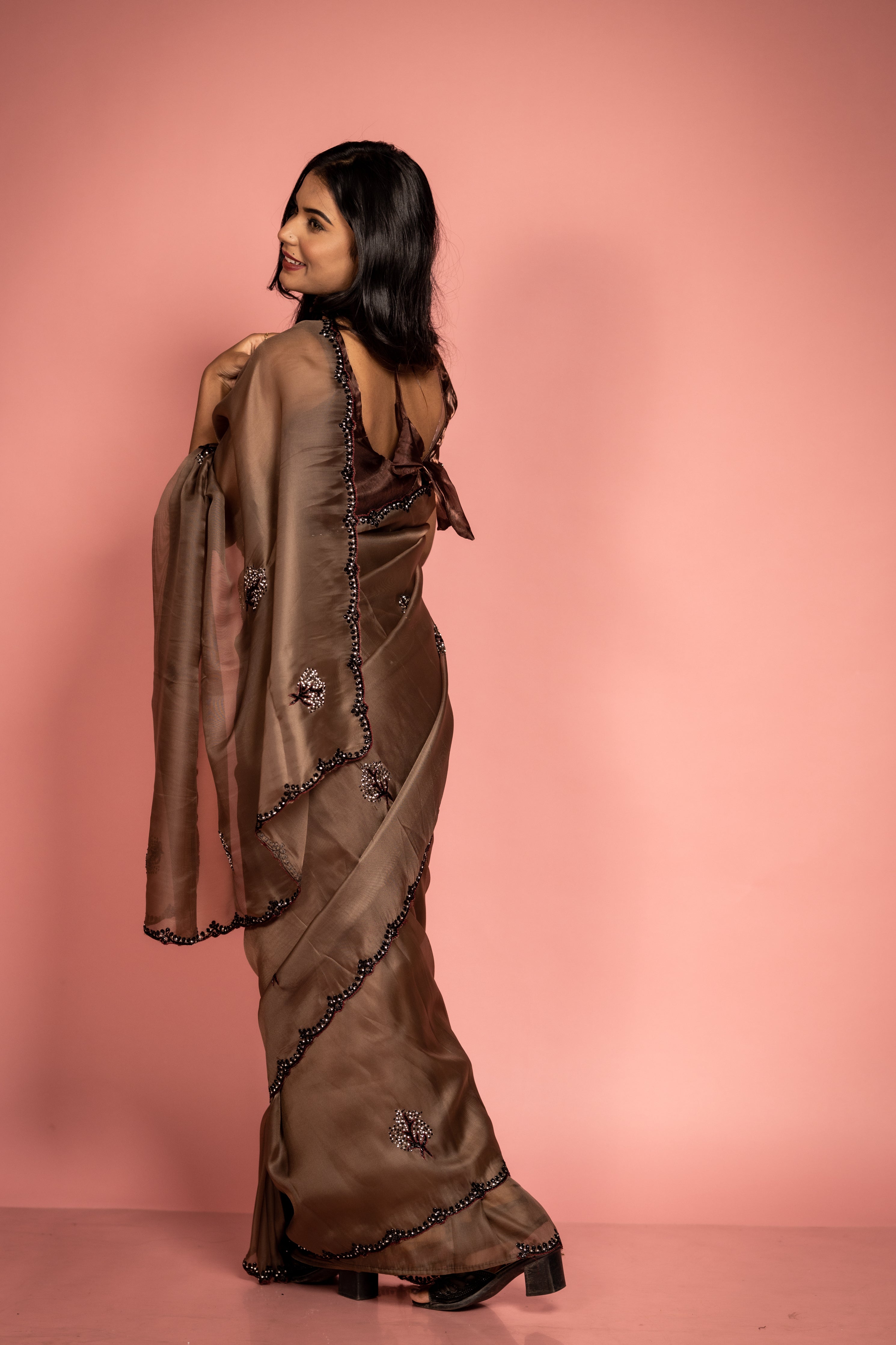 Hazel || Dark Taupe Brown Raina Tissue Fancy Saree with all over Black Cut-dana, Rhinestone & Stone Handwork Floral motif and Border