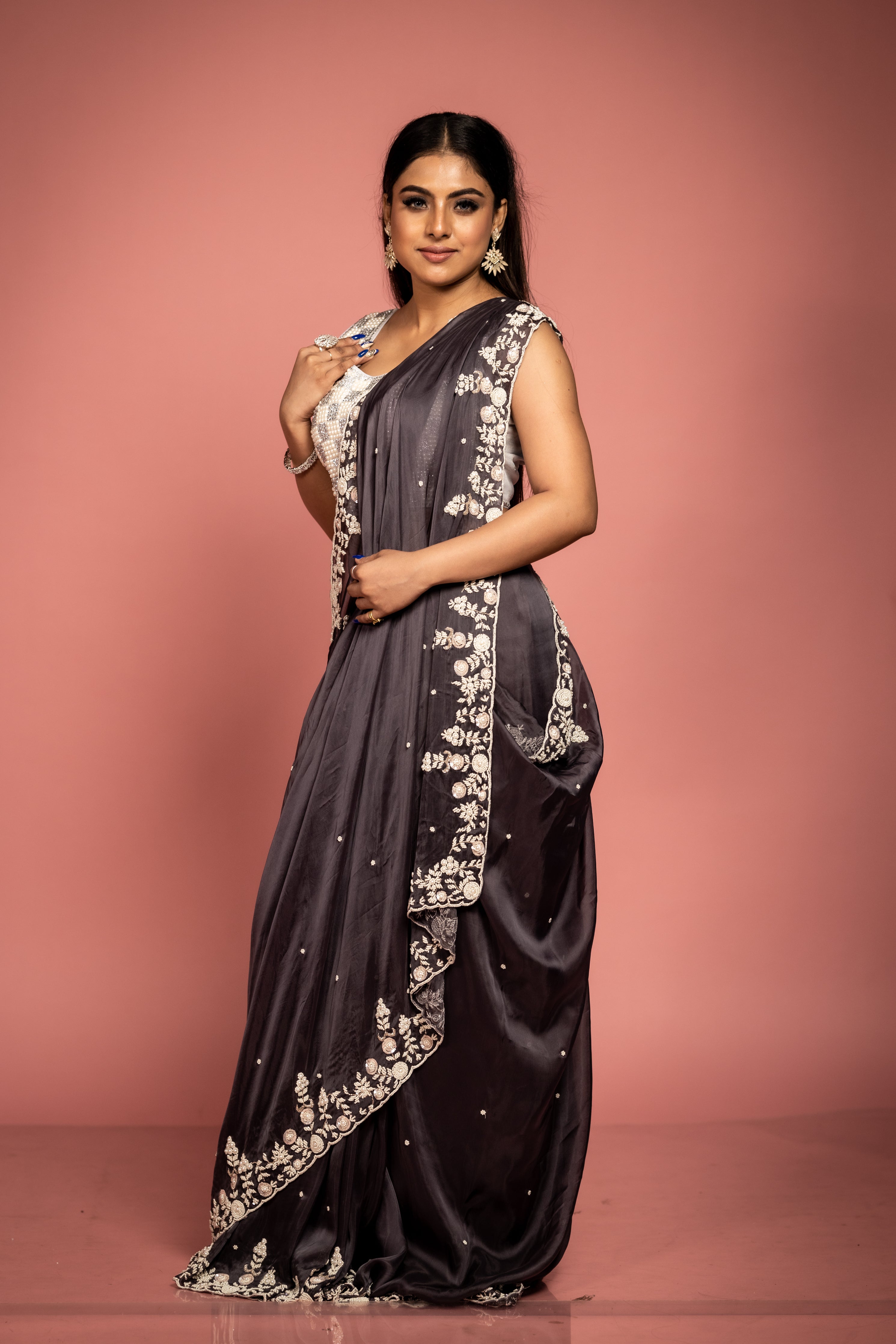 Kiara || Dark Gunmetal Grey Silk Organza Fancy Saree with all over Moti Handwork Floral Buti and Sequins, Cut-dana & Moti Floral Border