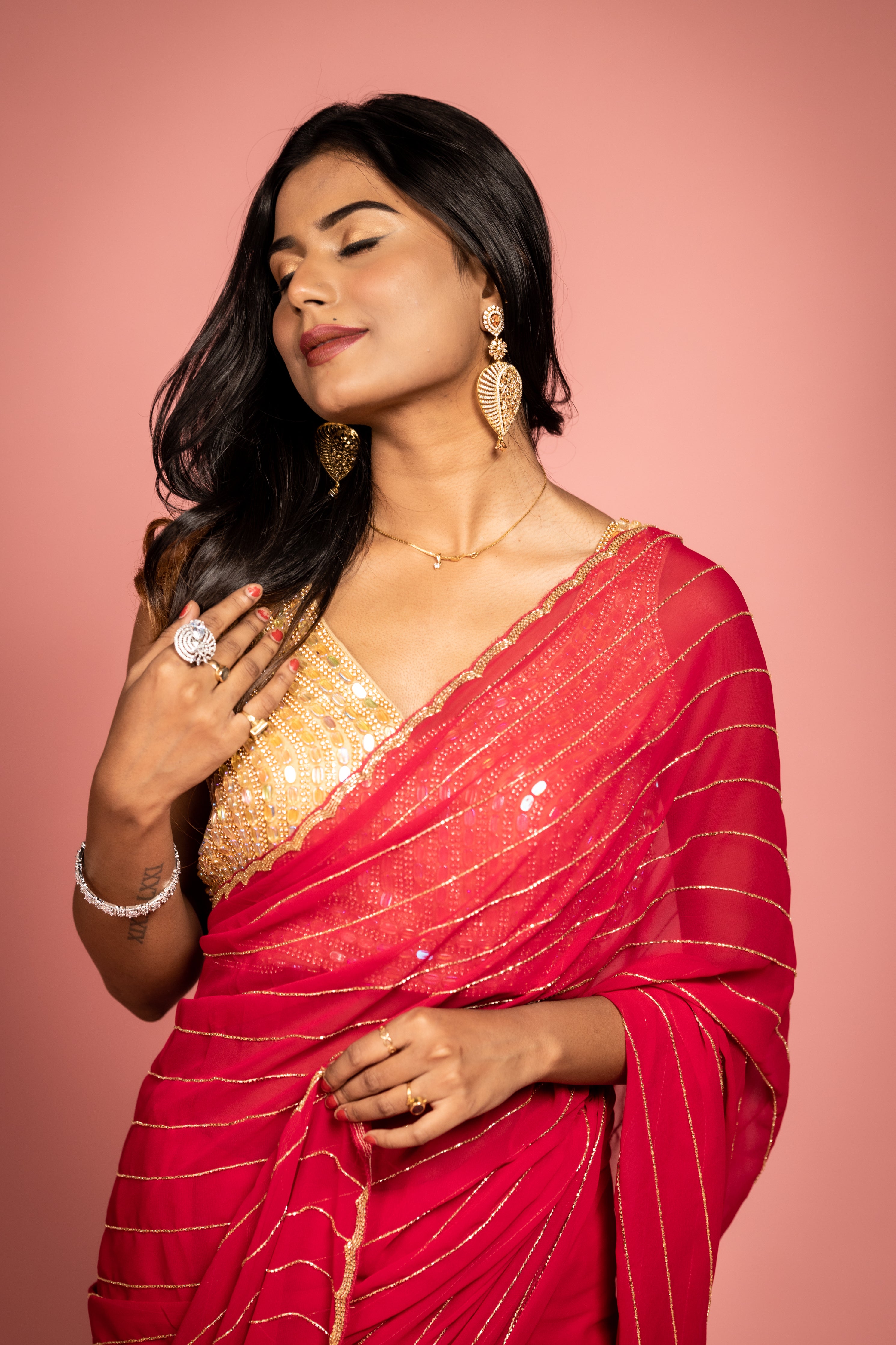 Raspberry Crush || Deep Raspberry Pink Georgette Chiffon Fancy Saree with all over Golden Cut-dana Handwork Stripes and Border