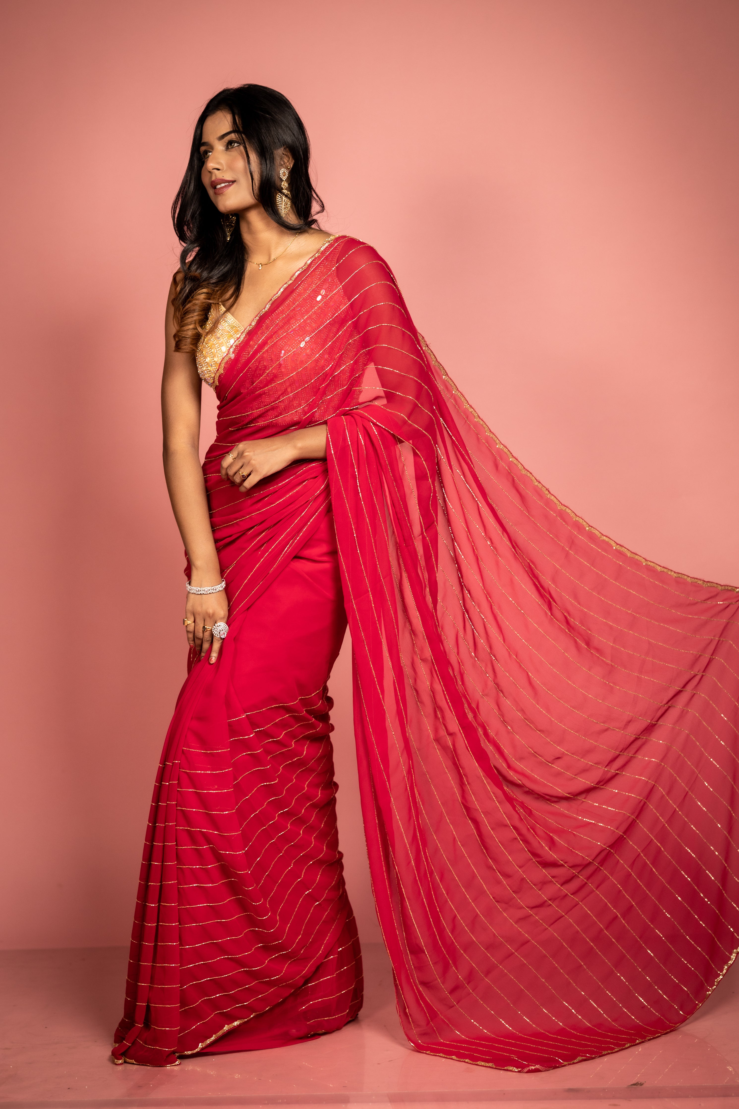 Raspberry Crush || Deep Raspberry Pink Georgette Chiffon Fancy Saree with all over Golden Cut-dana Handwork Stripes and Border