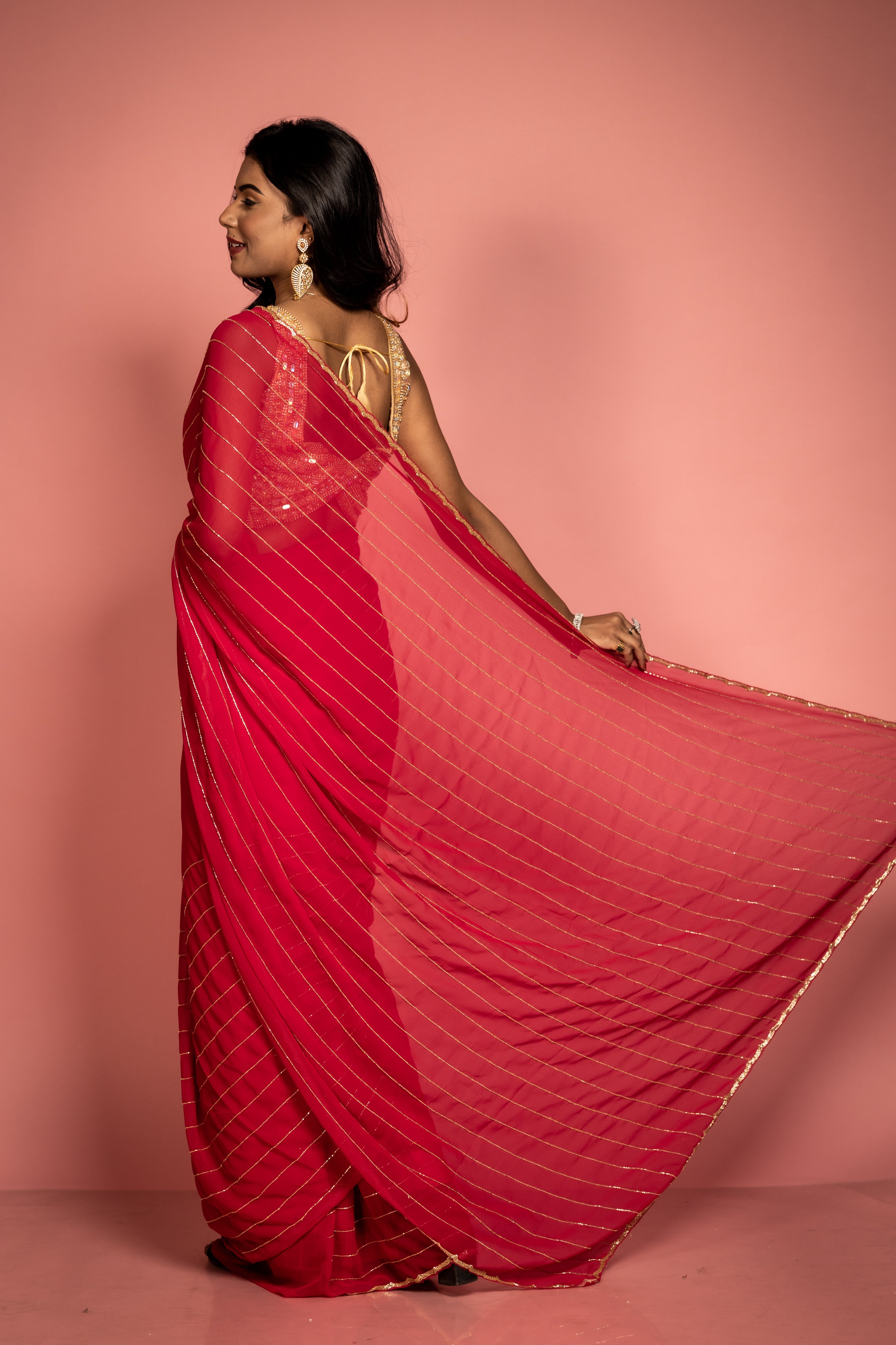 Raspberry Crush || Deep Raspberry Pink Georgette Chiffon Fancy Saree with all over Golden Cut-dana Handwork Stripes and Border